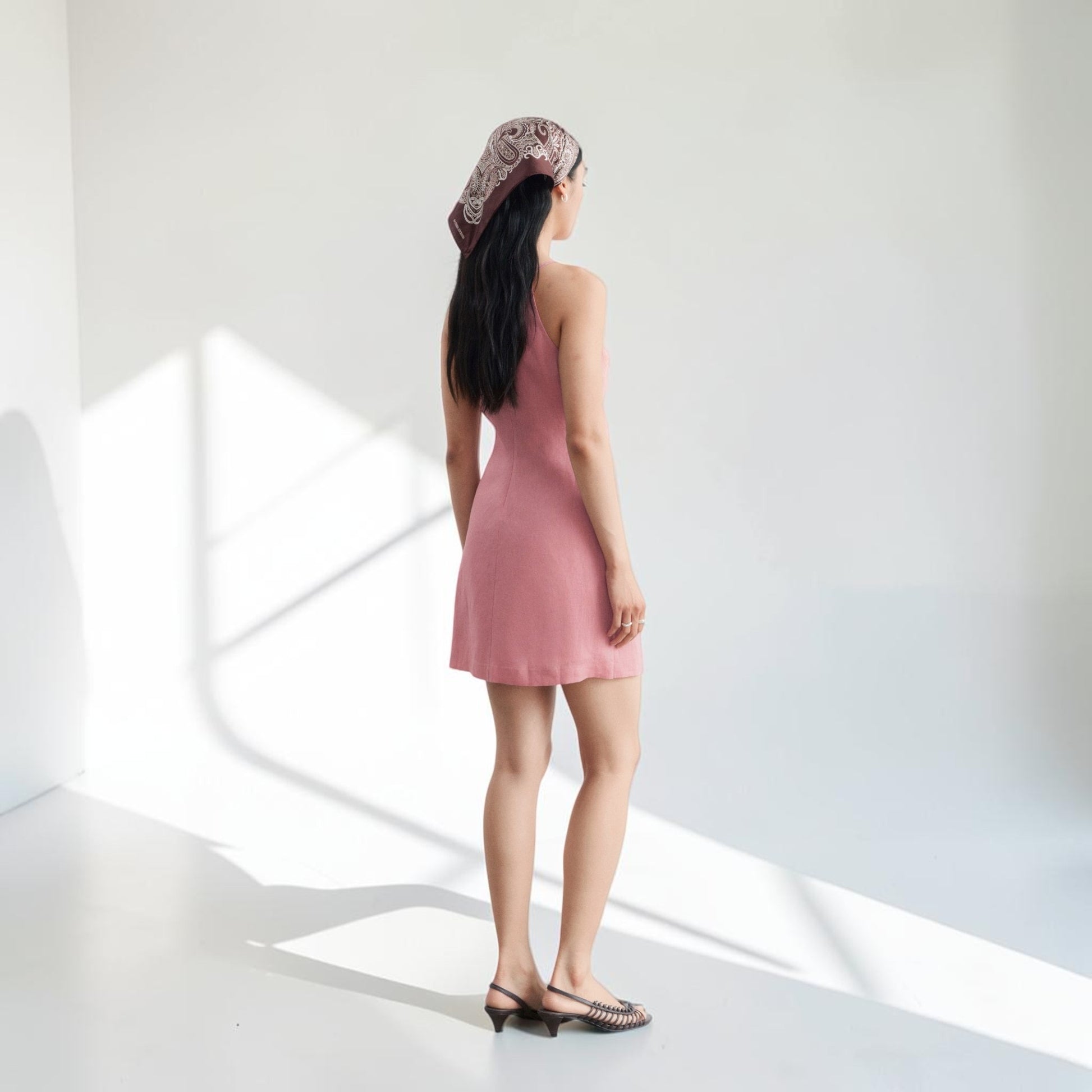 Straight Neck Linen Mini Dress, Side Tie Wrap Front