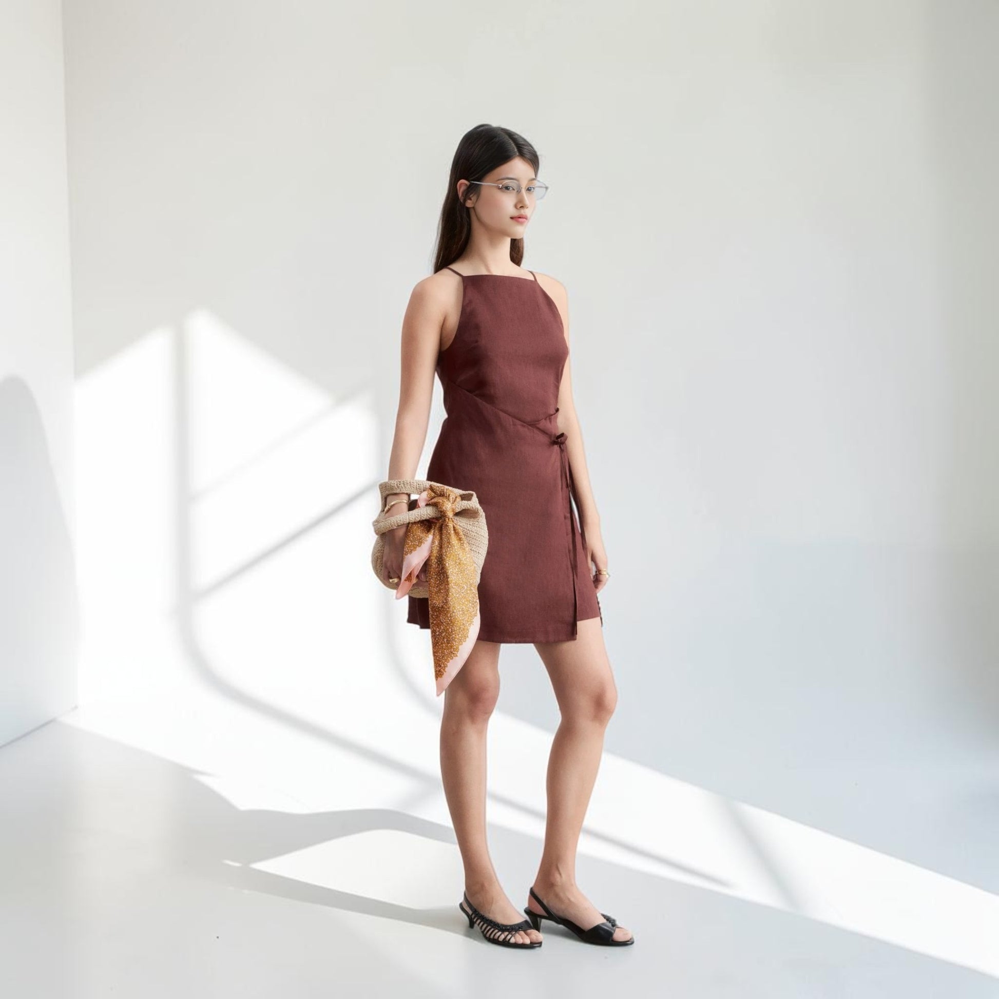 Straight Neck Linen Mini Dress, Side Tie Wrap Front