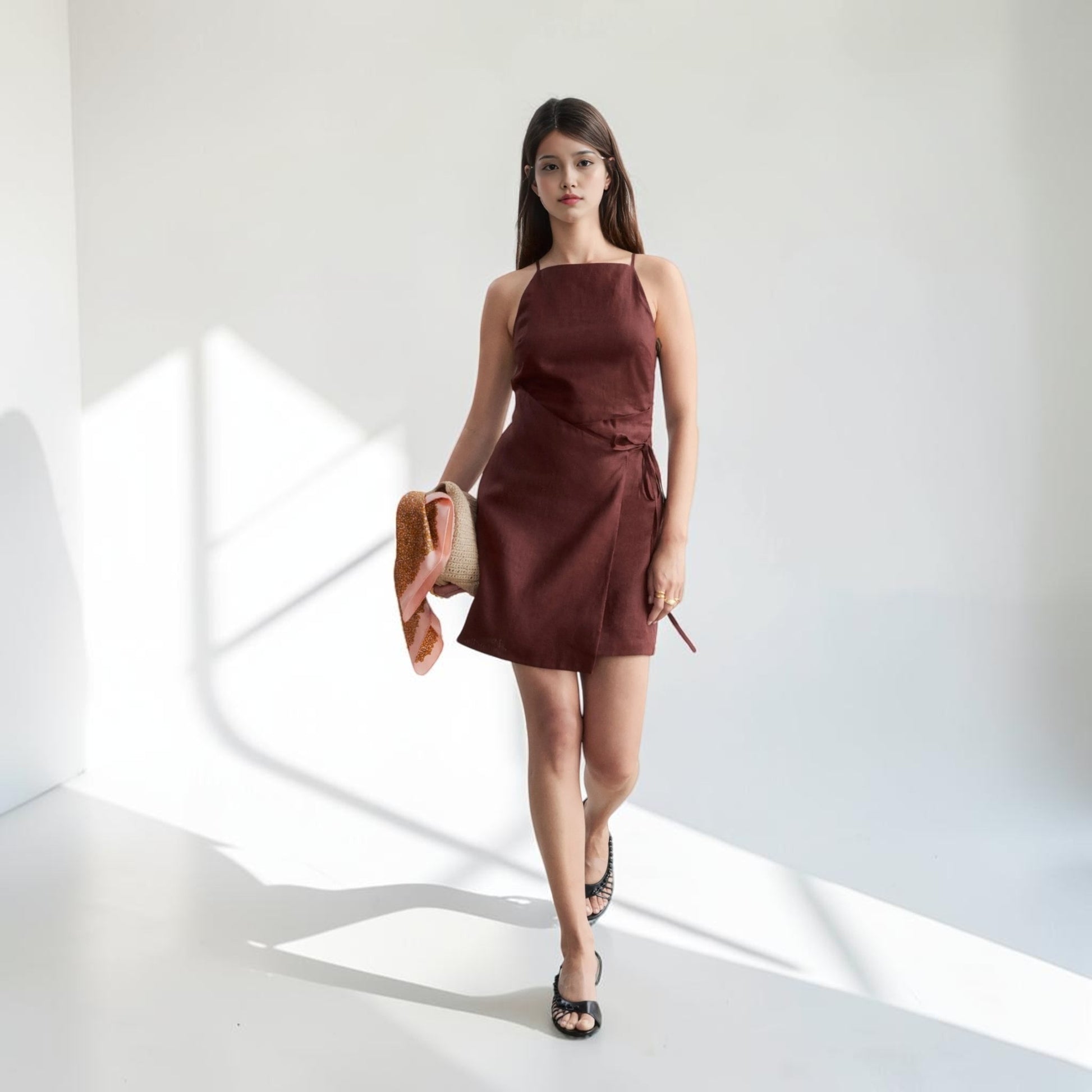 Straight Neck Linen Mini Dress, Side Tie Wrap Front