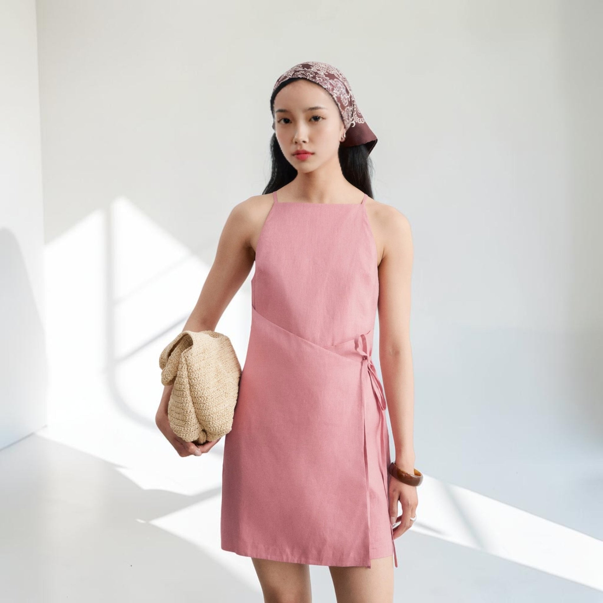 Straight Neck Linen Mini Dress, Side Tie Wrap Front