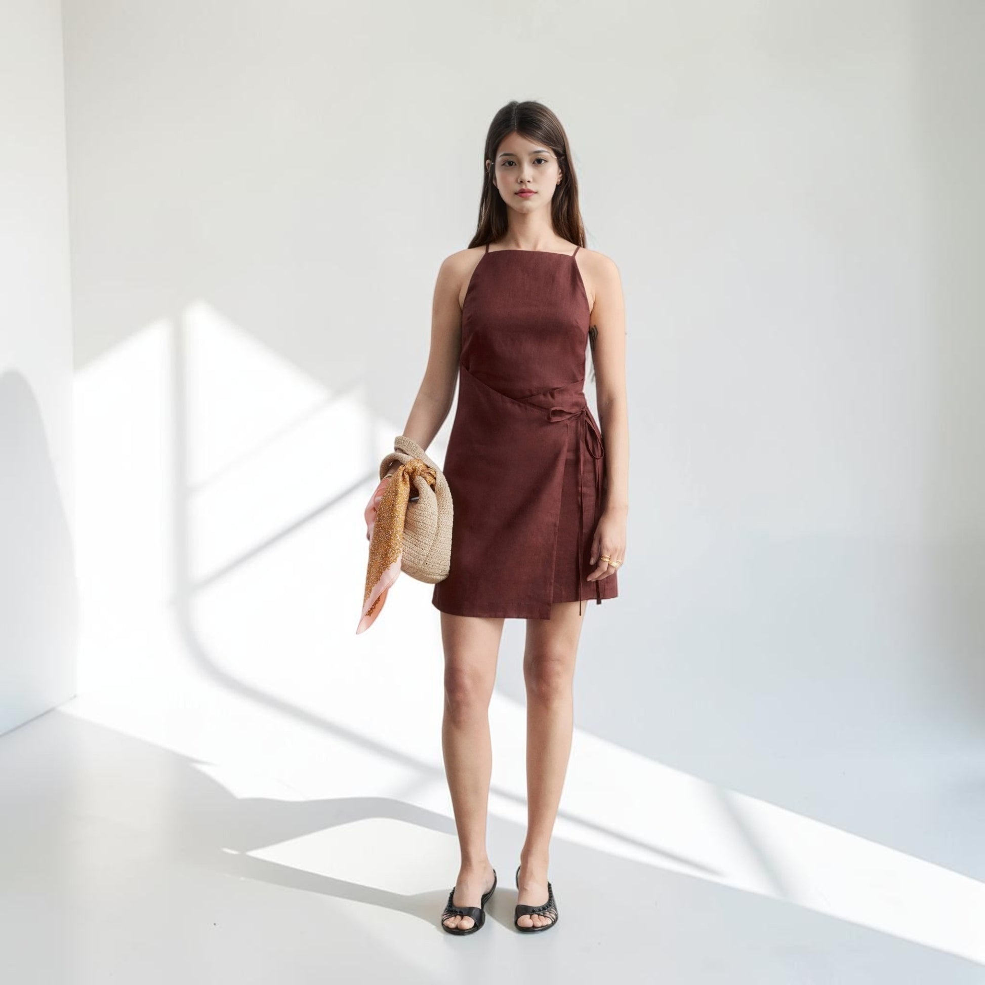 Straight Neck Linen Mini Dress, Side Tie Wrap Front