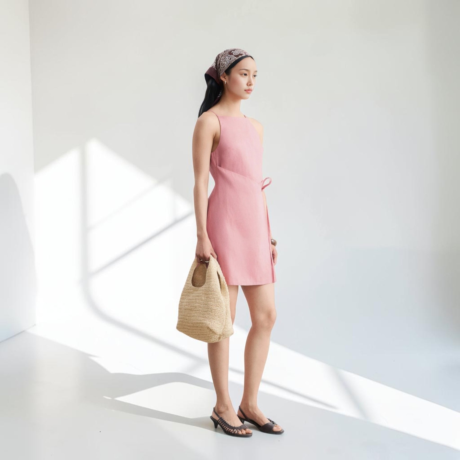 Straight Neck Linen Mini Dress, Side Tie Wrap Front