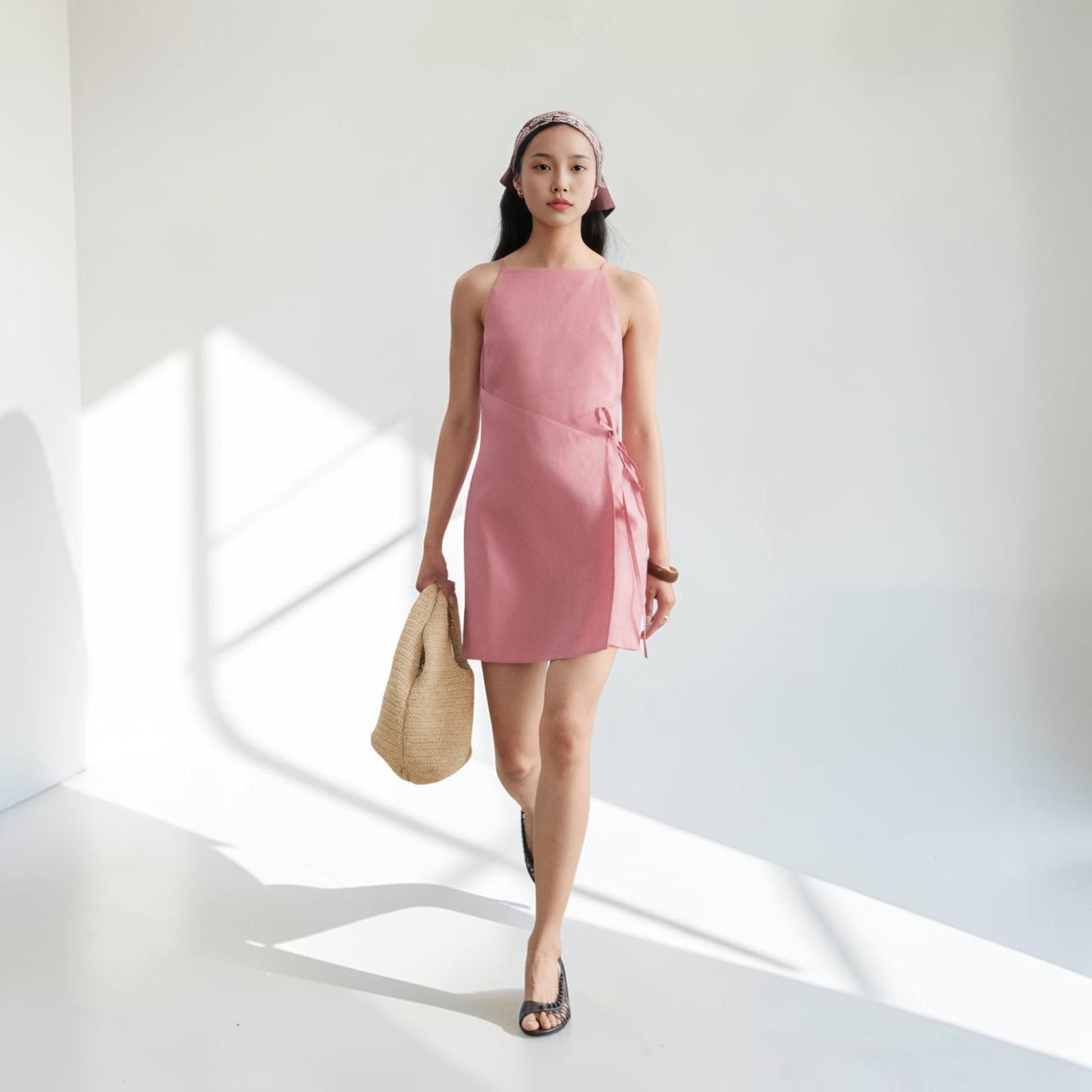 Straight Neck Linen Mini Dress, Side Tie Wrap Front