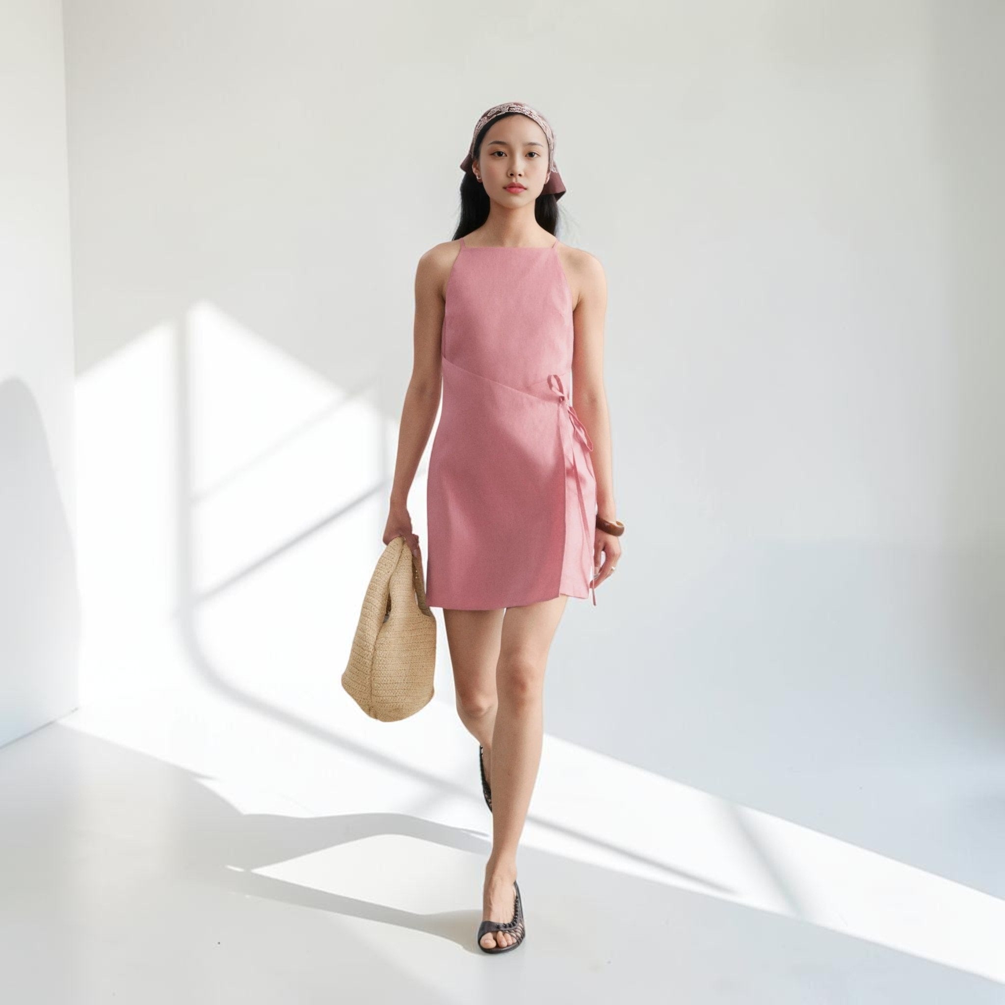 Straight Neck Linen Mini Dress, Side Tie Wrap Front
