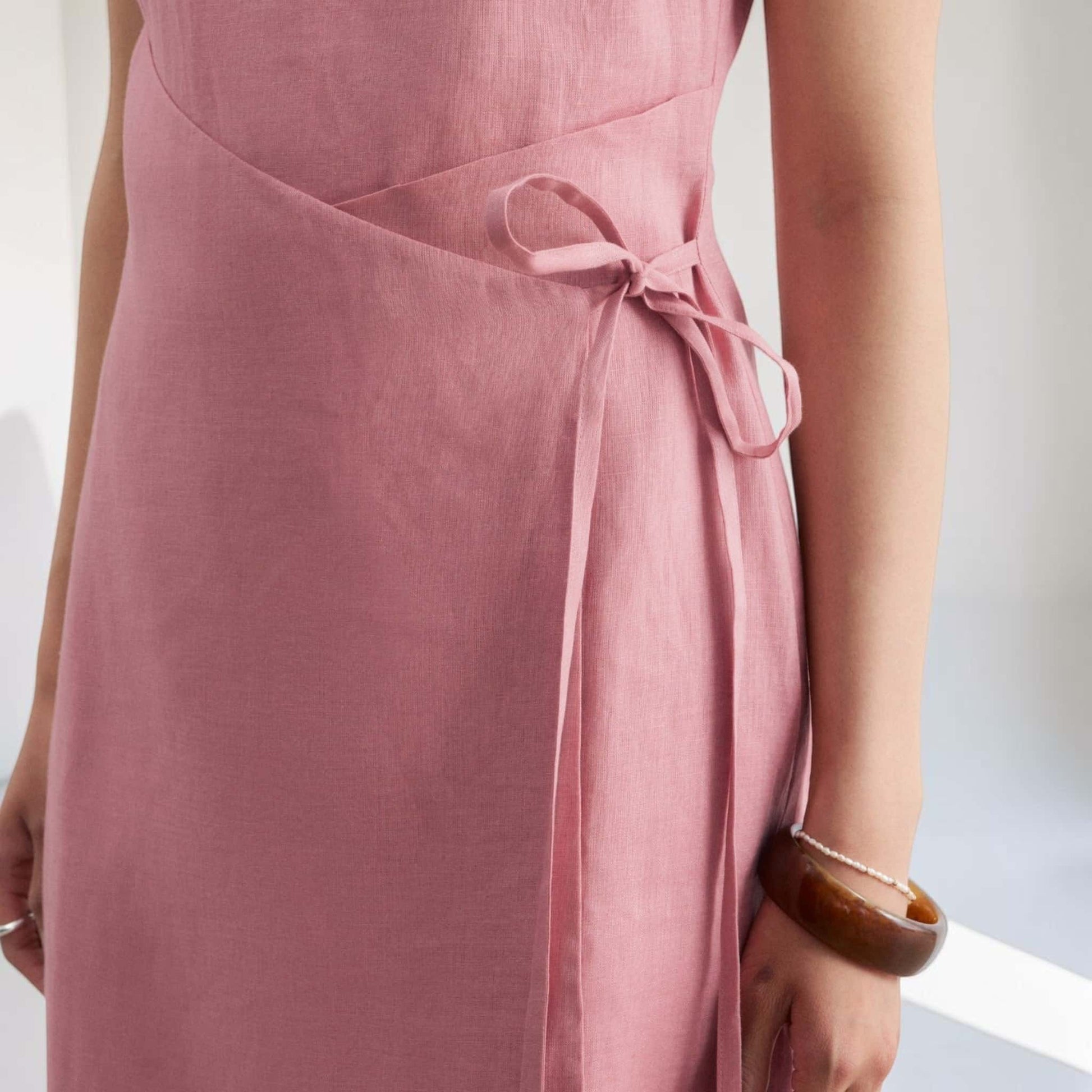 Straight Neck Linen Mini Dress, Side Tie Wrap Front