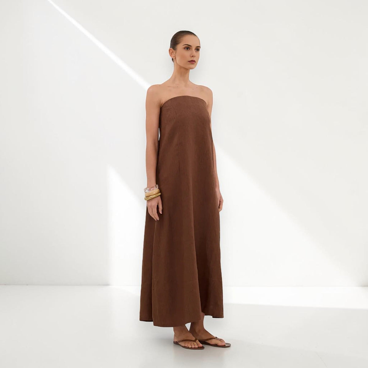 Strapless Linen Maxi Dress, Smocked Back