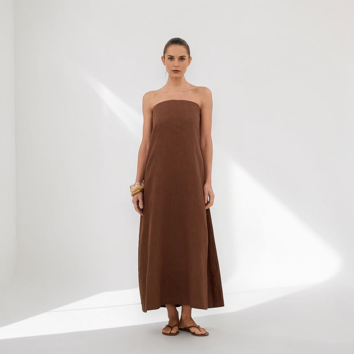 Strapless Linen Maxi Dress, Smocked Back