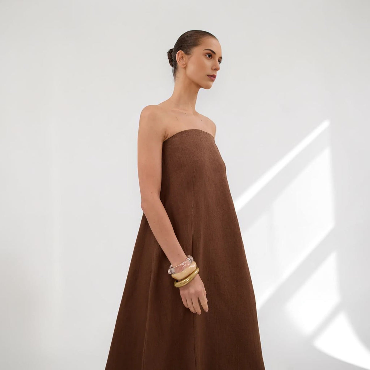 Strapless Linen Maxi Dress, Smocked Back
