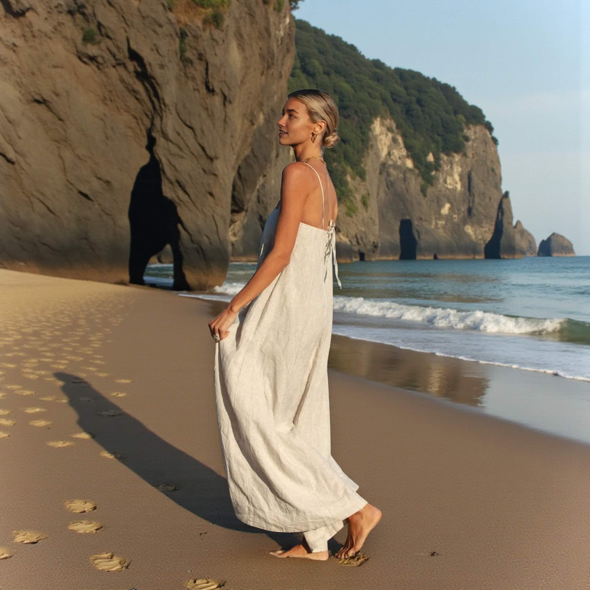 Strapless Linen Maxi Dress, Tie Back Linen Maxi Dress