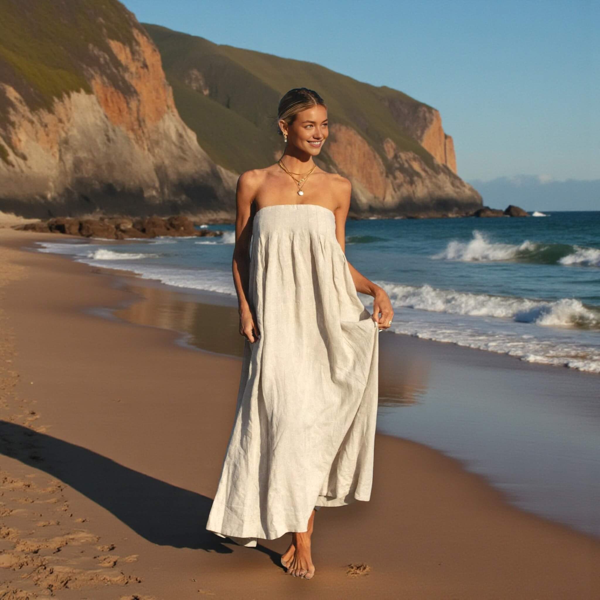 Strapless Linen Maxi Dress, Tie Back Linen Maxi Dress