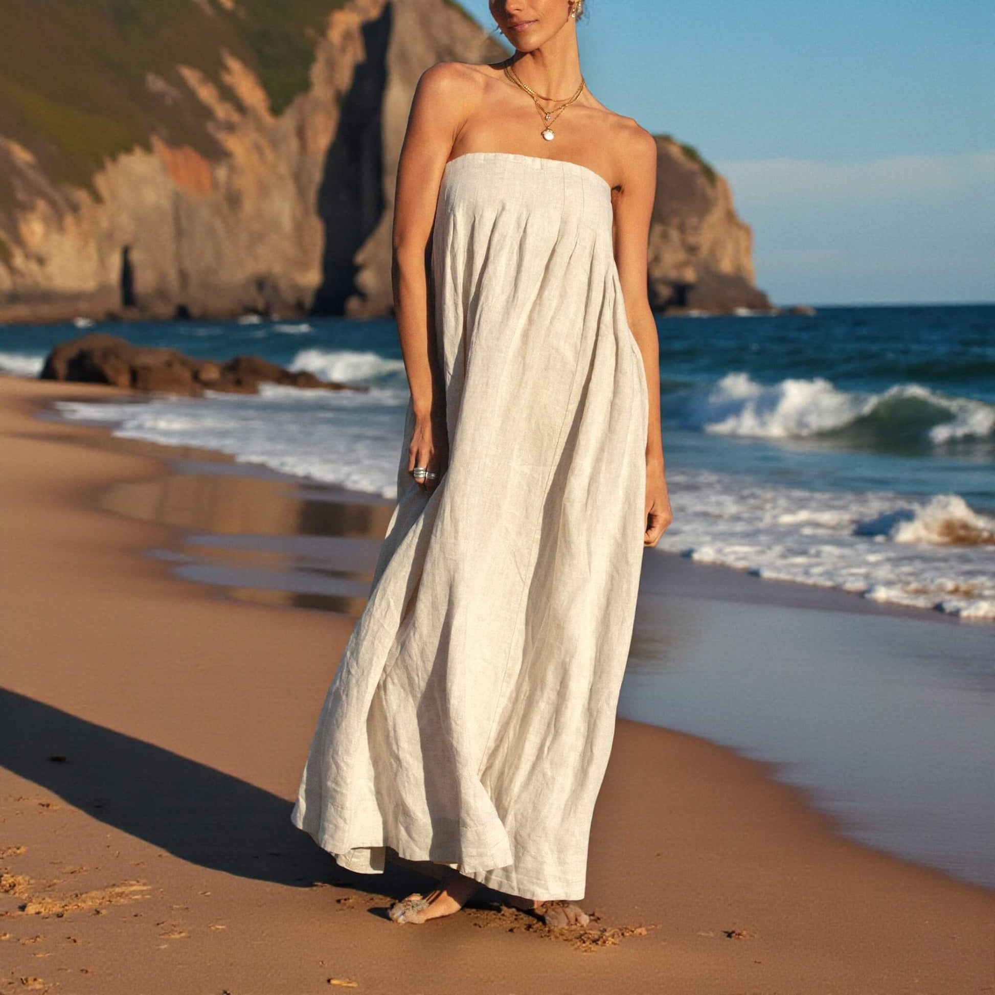 Strapless Linen Maxi Dress, Tie Back Linen Maxi Dress