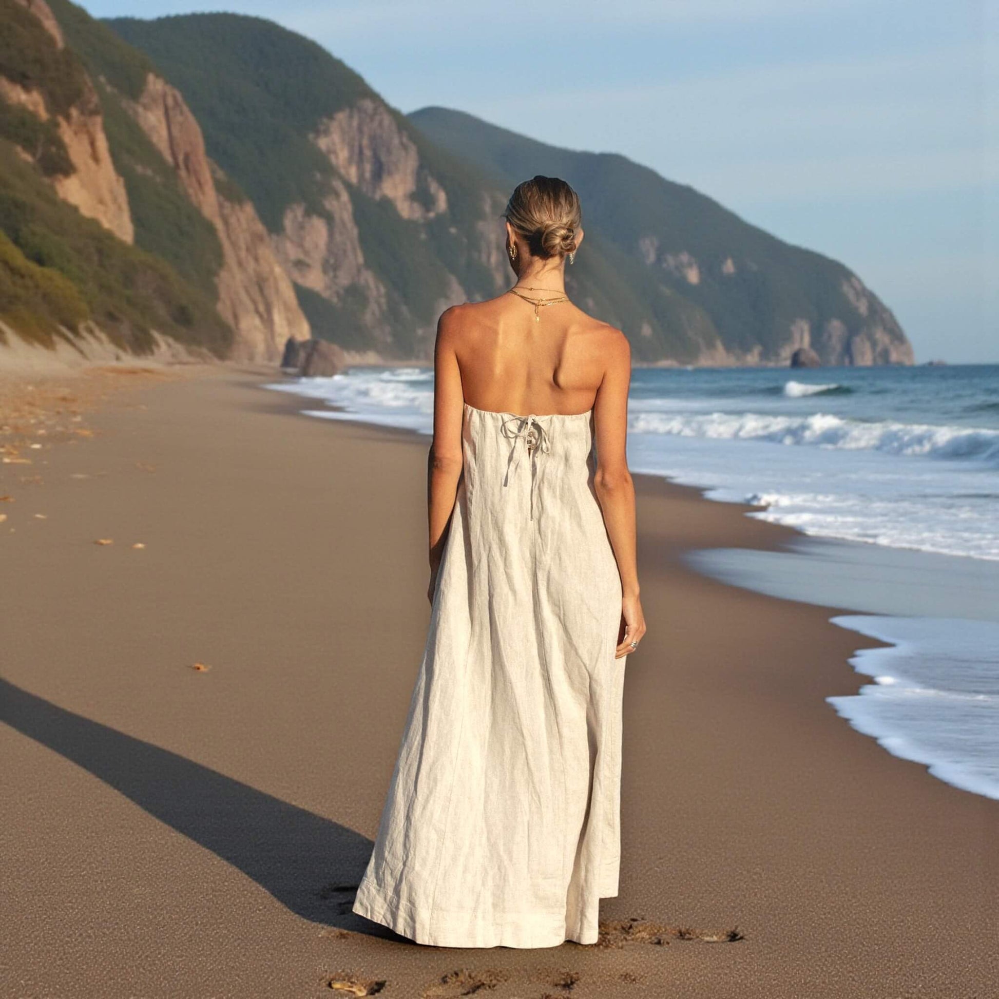 Strapless Linen Maxi Dress, Tie Back Linen Maxi Dress
