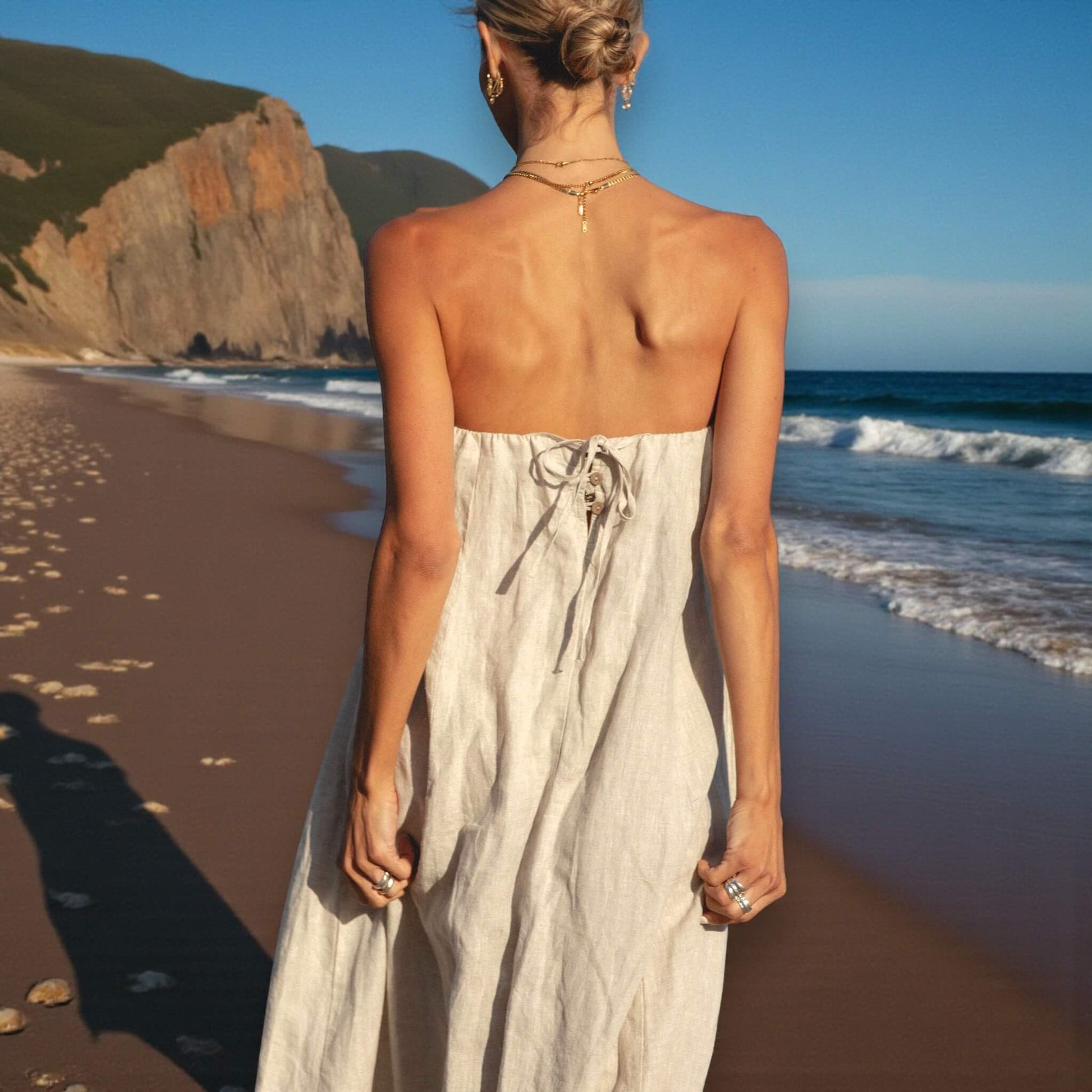 Strapless Linen Maxi Dress, Tie Back Linen Maxi Dress