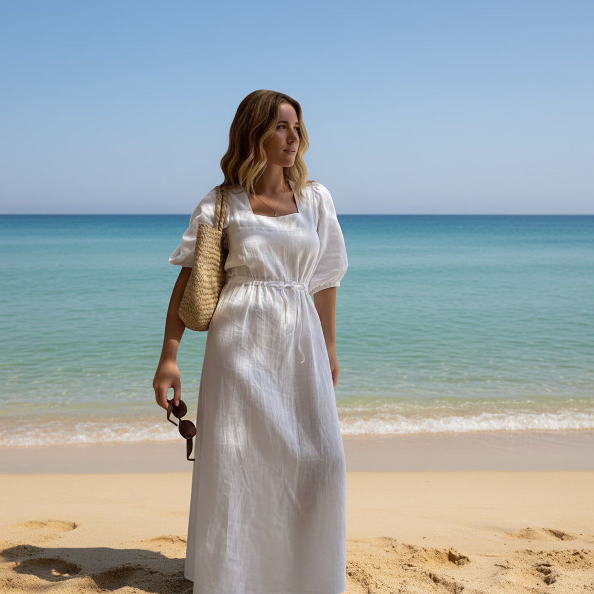 Summer Linen Dress, Square Neck Maxi Dress