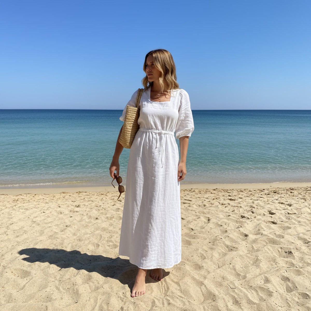 Summer Linen Dress, Square Neck Maxi Dress