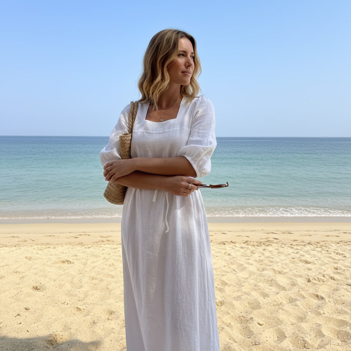 Summer Linen Dress, Square Neck Maxi Dress