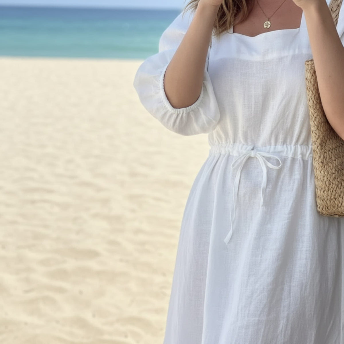 Summer Linen Dress, Square Neck Maxi Dress