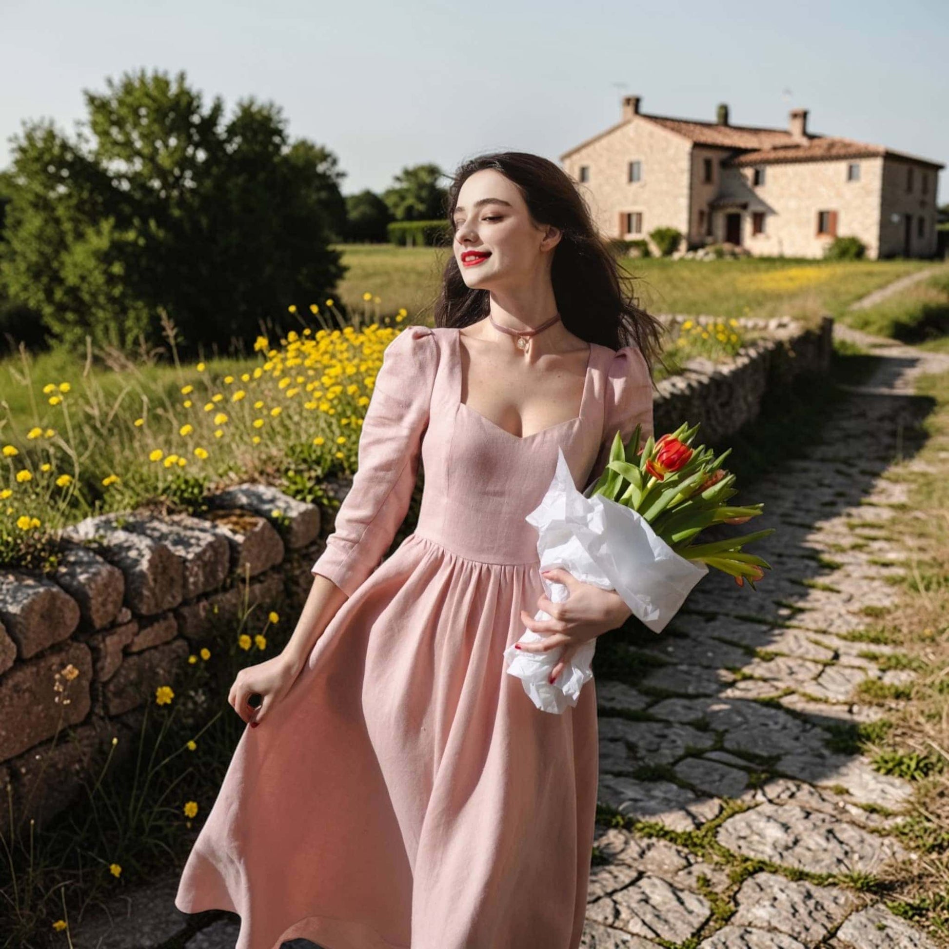 Sweetheart Neck Midi Dress, Linen Fit And Flare Dress