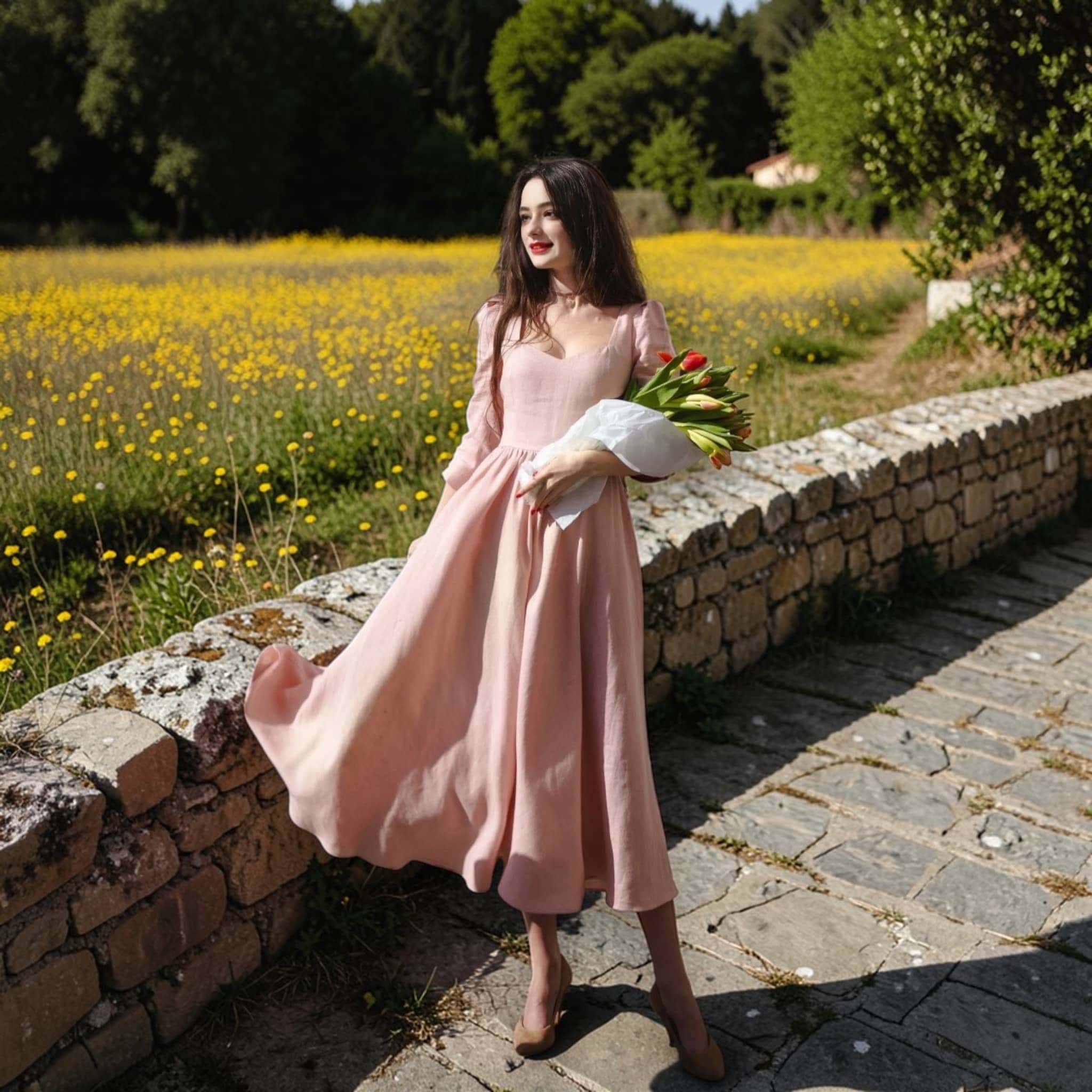 Sweetheart Neck Midi Dress, Linen Fit And Flare Dress