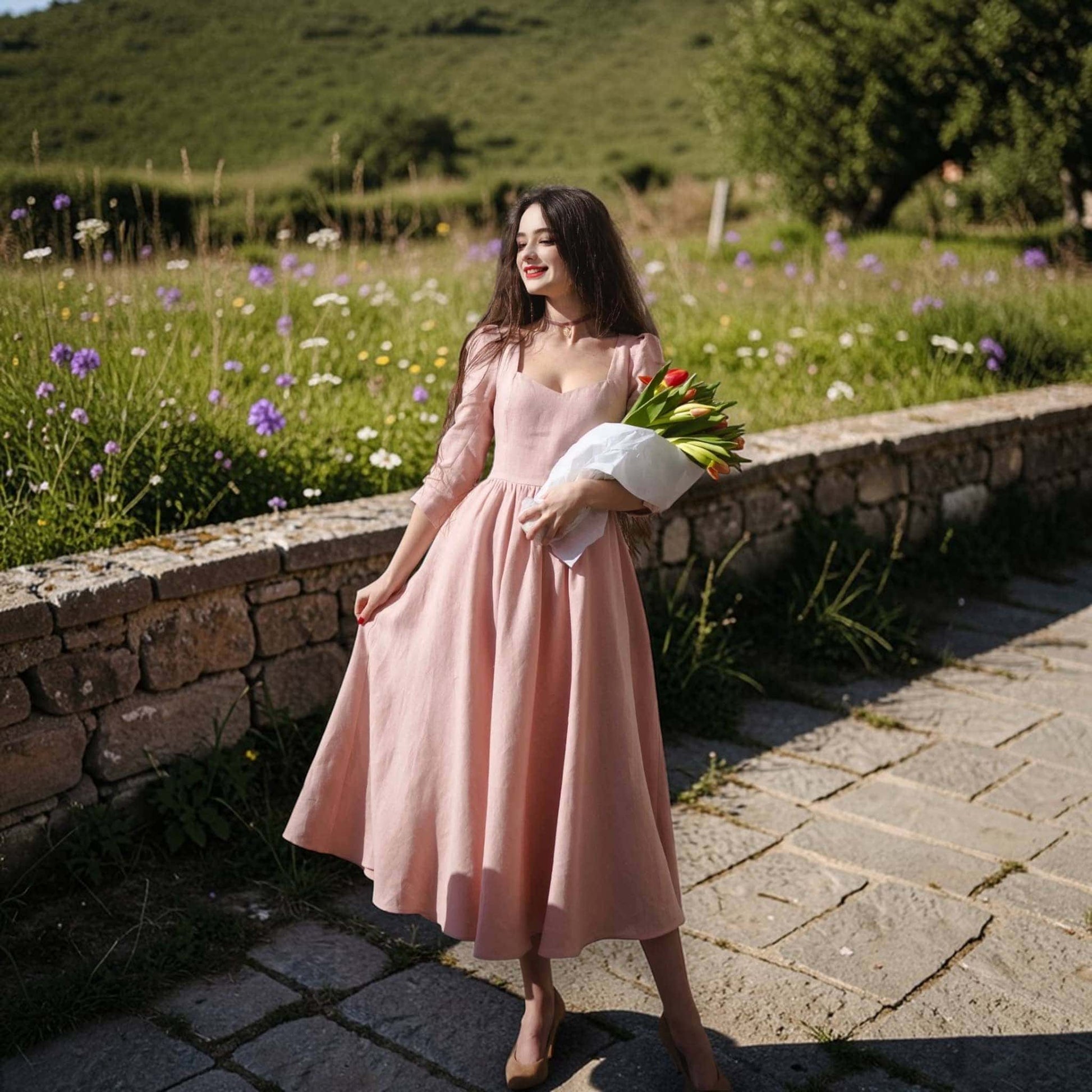 Sweetheart Neck Midi Dress, Linen Fit And Flare Dress