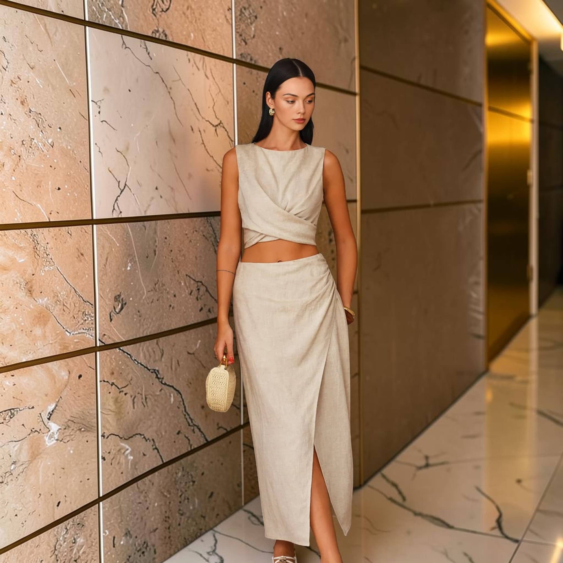 Tie Back Linen Crop Top, Wrap Crossover