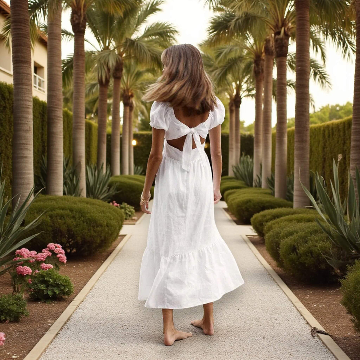 Tie Back Midi Dress, Fuff Sleeve Linen Midi Dress