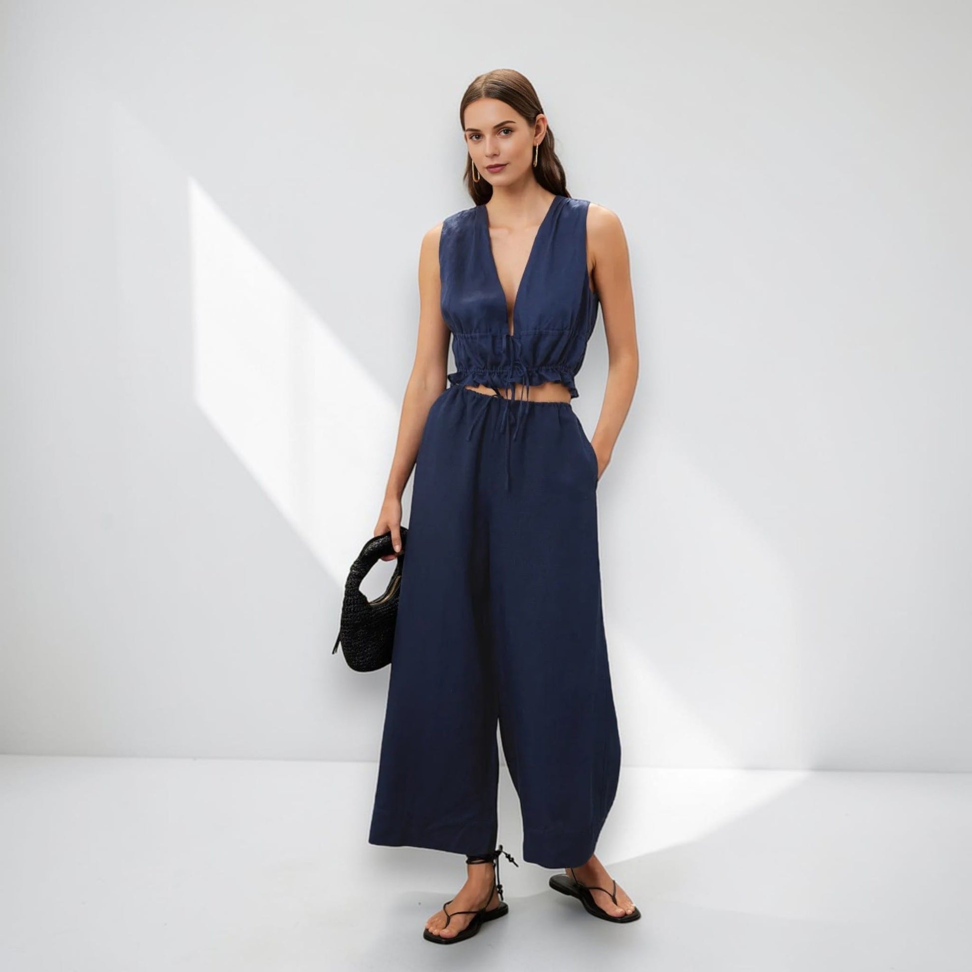 Tie Front Linen Crop Top, Sleeveless Linen Tie Top