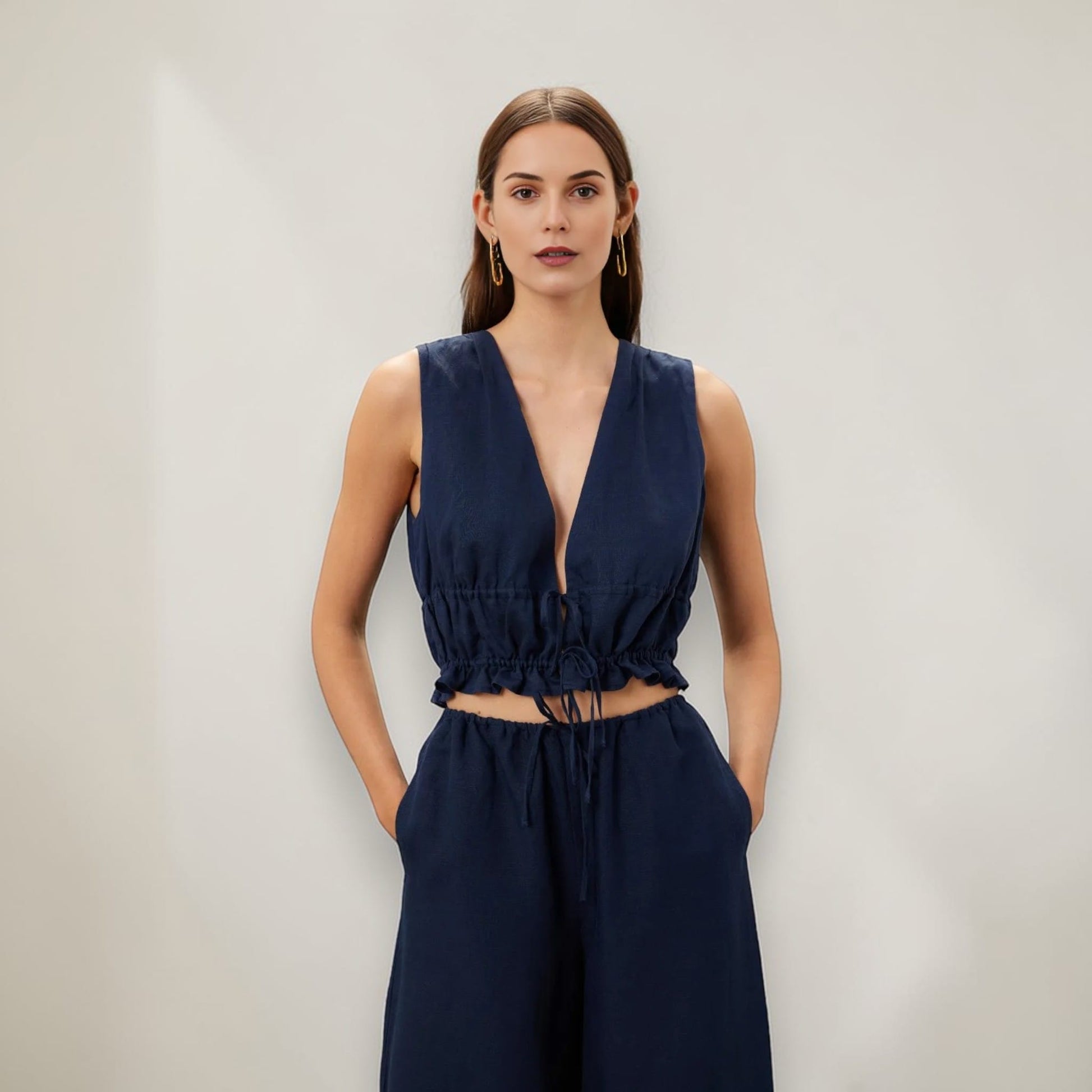 Tie Front Linen Crop Top, Sleeveless Linen Tie Top