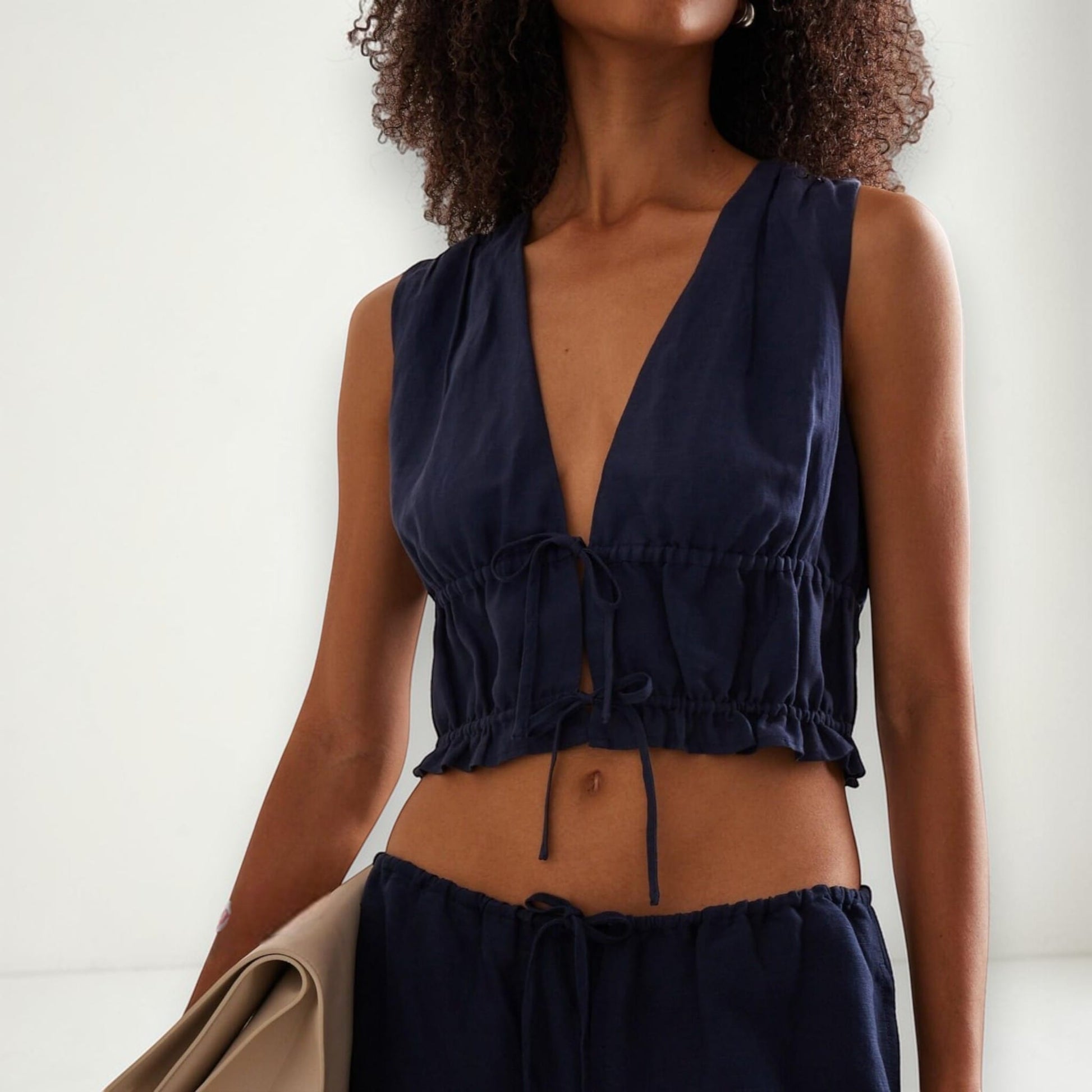 Tie Front Linen Crop Top, Sleeveless Linen Tie Top