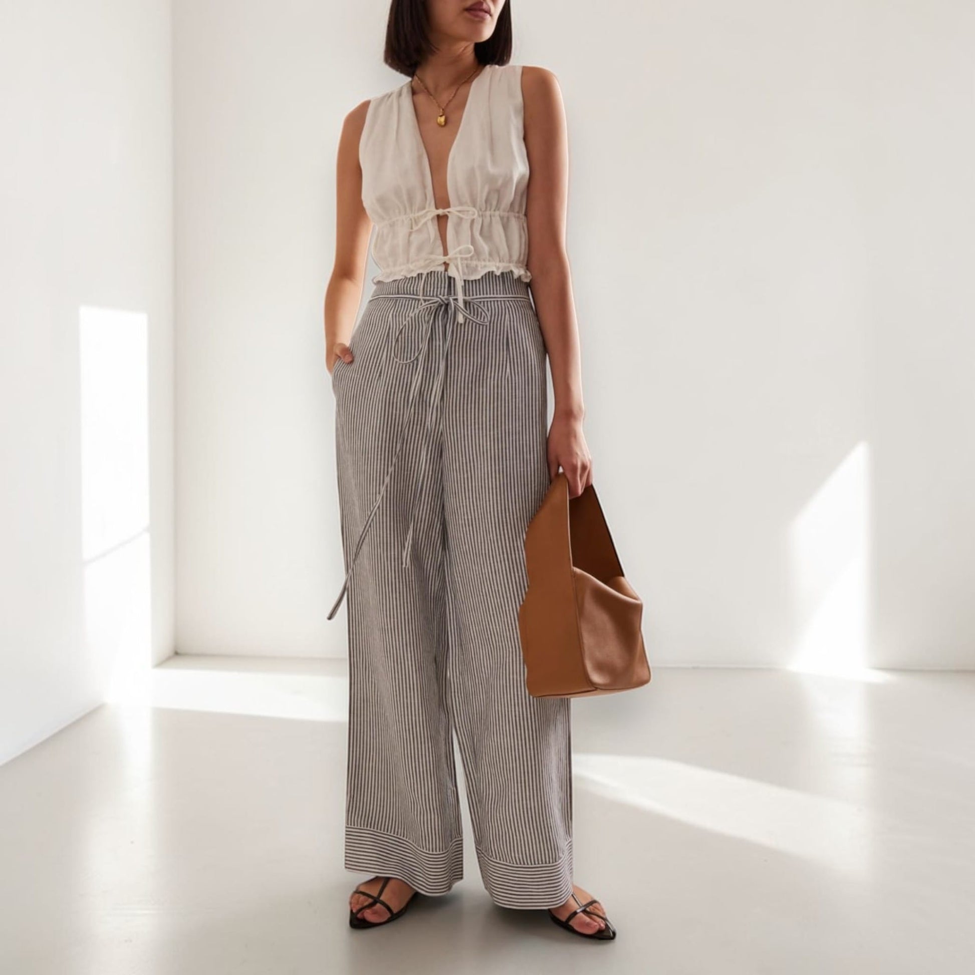 Tie Front Linen Crop Top, Sleeveless Linen Tie Top