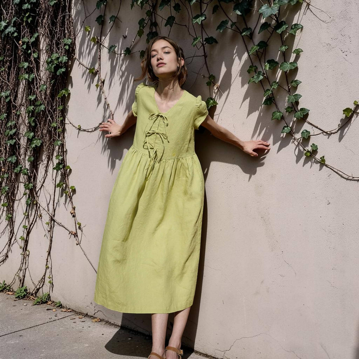 Tie Front Linen Midi Dress, Cap Sleeve Empire Waist