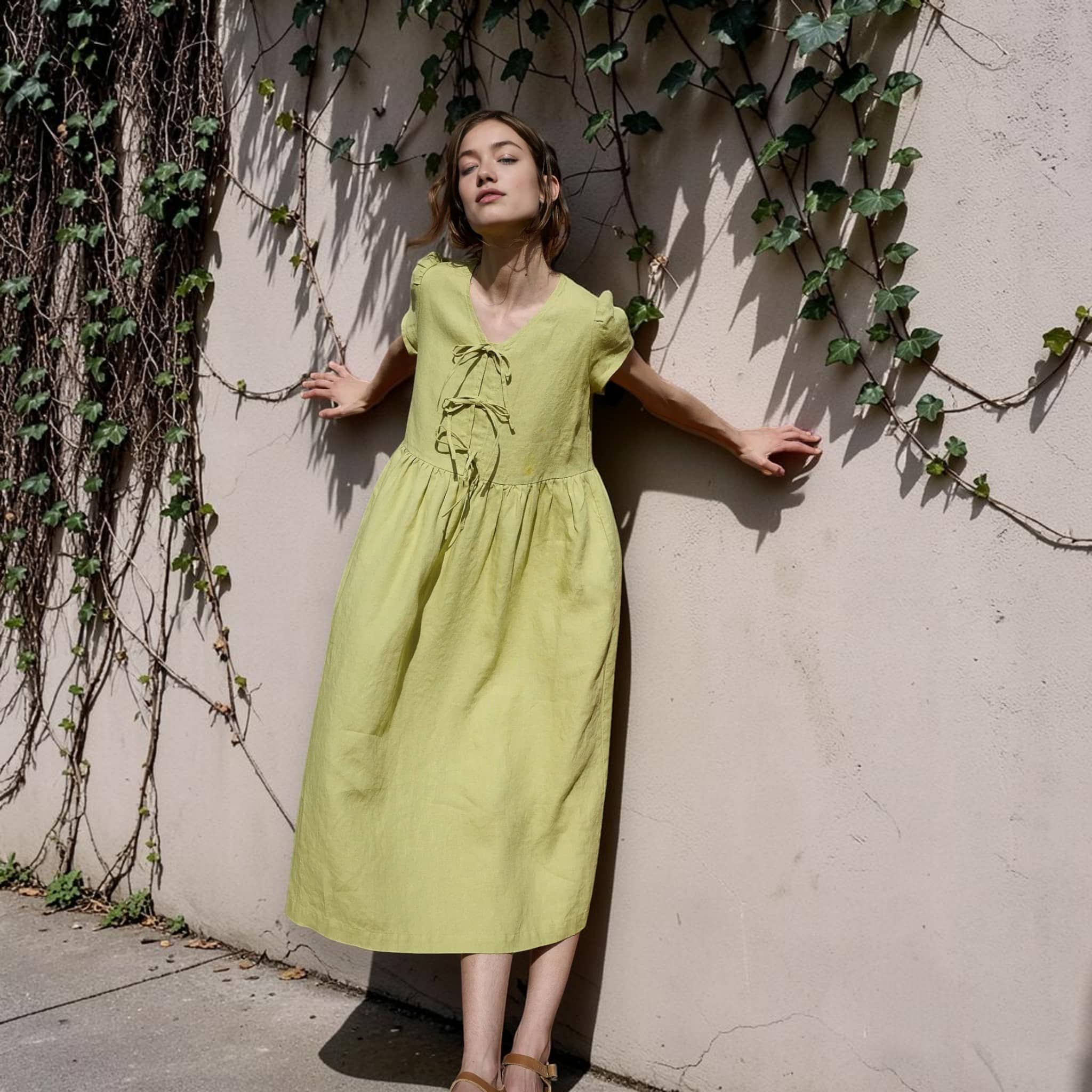 Tie Front Linen Midi Dress, Cap Sleeve Empire Waist