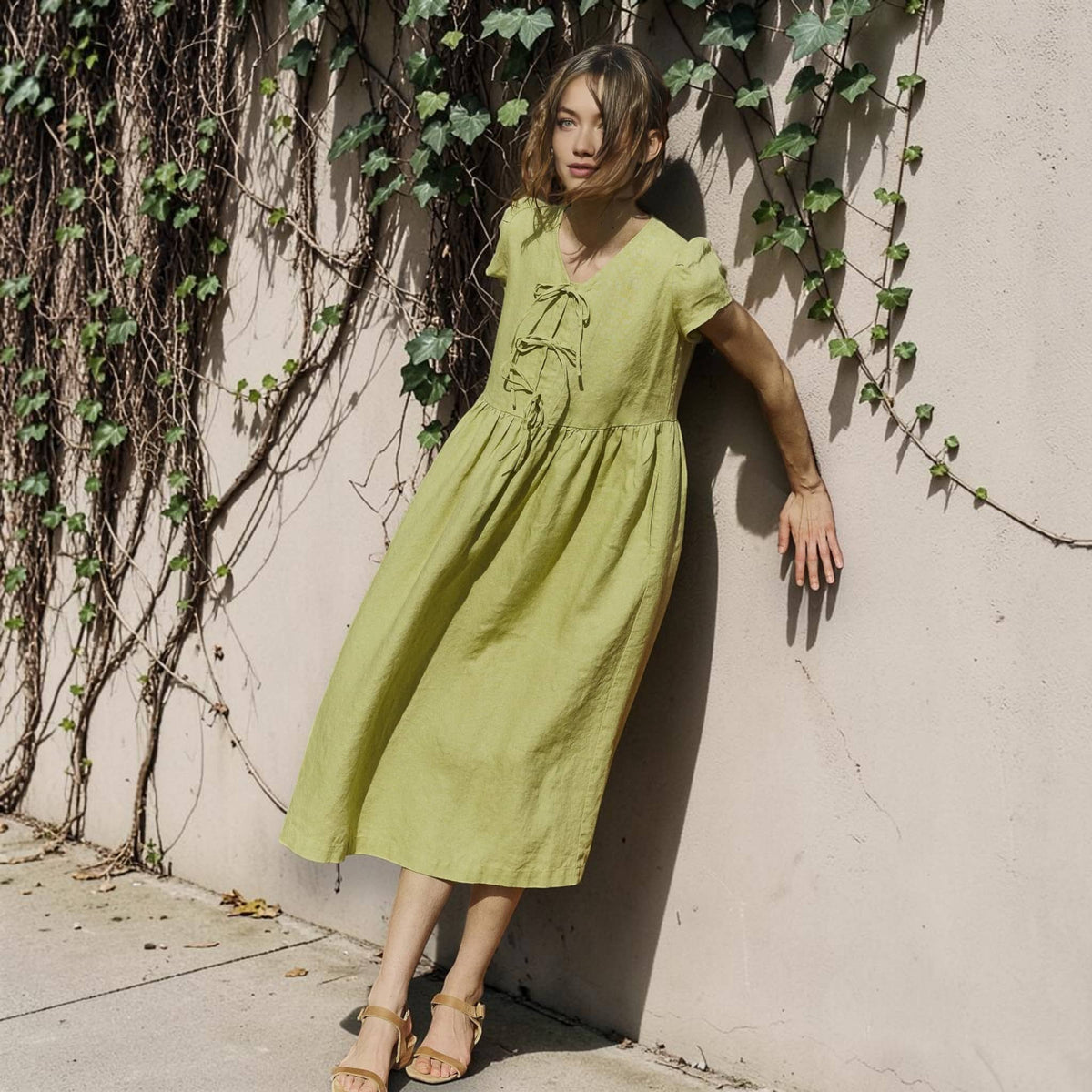 Tie Front Linen Midi Dress, Cap Sleeve Empire Waist
