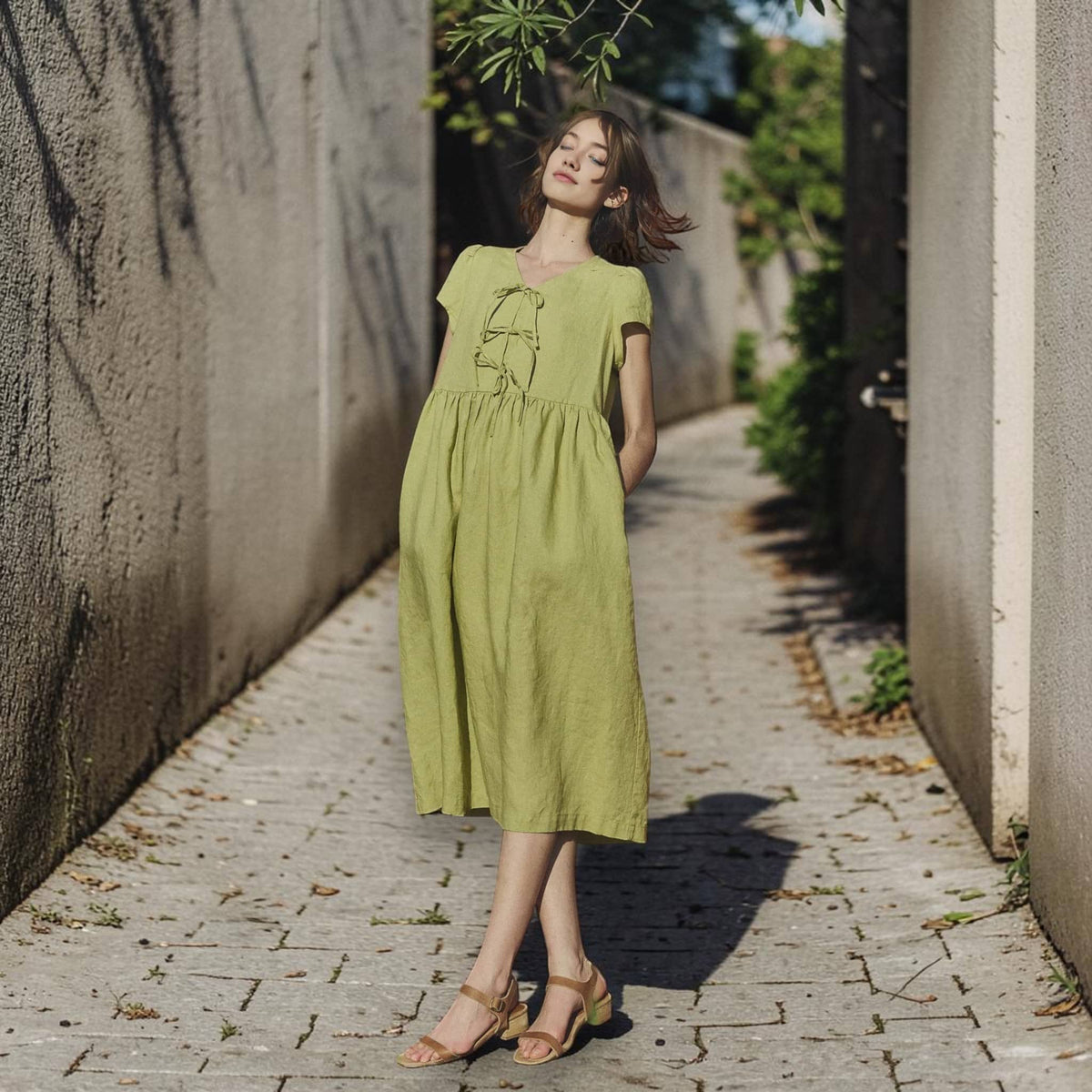 Tie Front Linen Midi Dress, Cap Sleeve Empire Waist