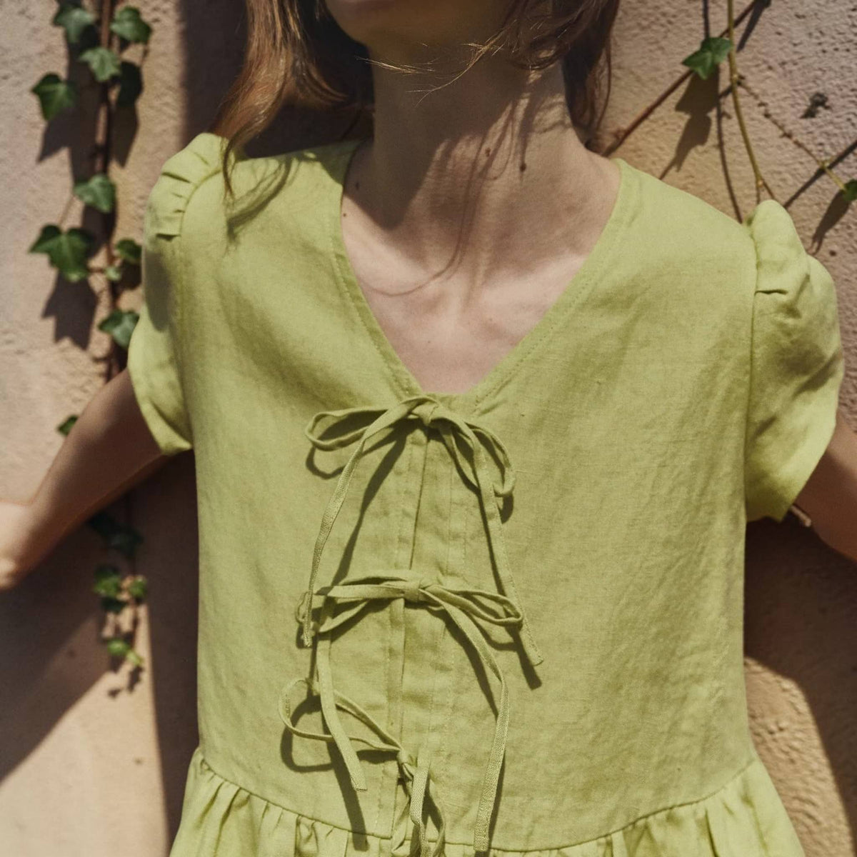 Tie Front Linen Midi Dress, Cap Sleeve Empire Waist
