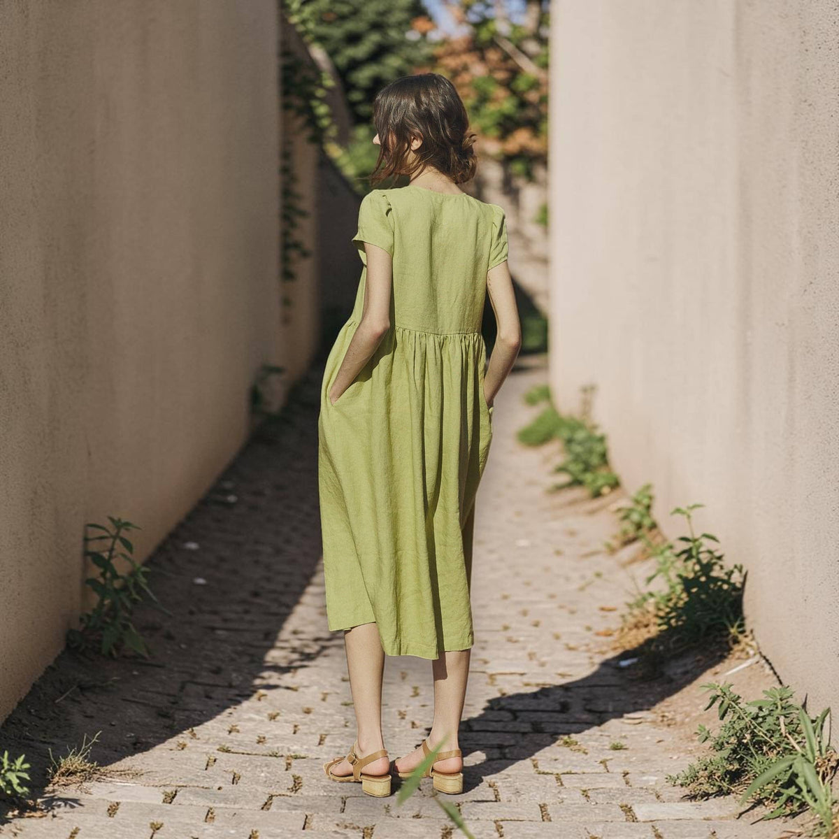Tie Front Linen Midi Dress, Cap Sleeve Empire Waist