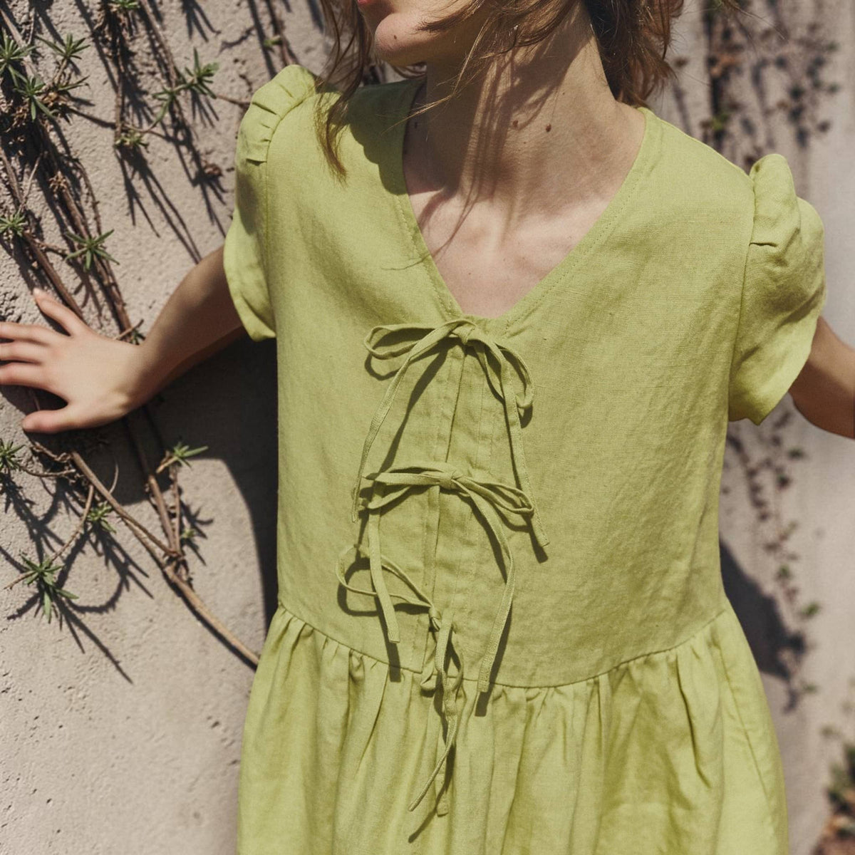 Tie Front Linen Midi Dress, Cap Sleeve Empire Waist