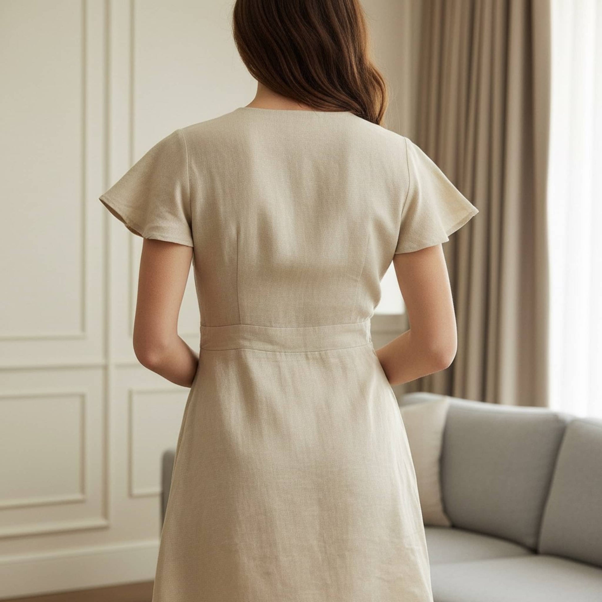 Tie Front Linen Mini Dress, Flutter Sleeve Cut Out