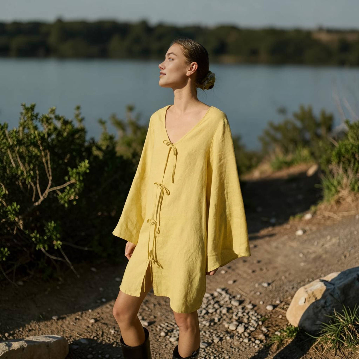Tie Front Linen Mini Dress, V Neck Wide Sleeve Tunic