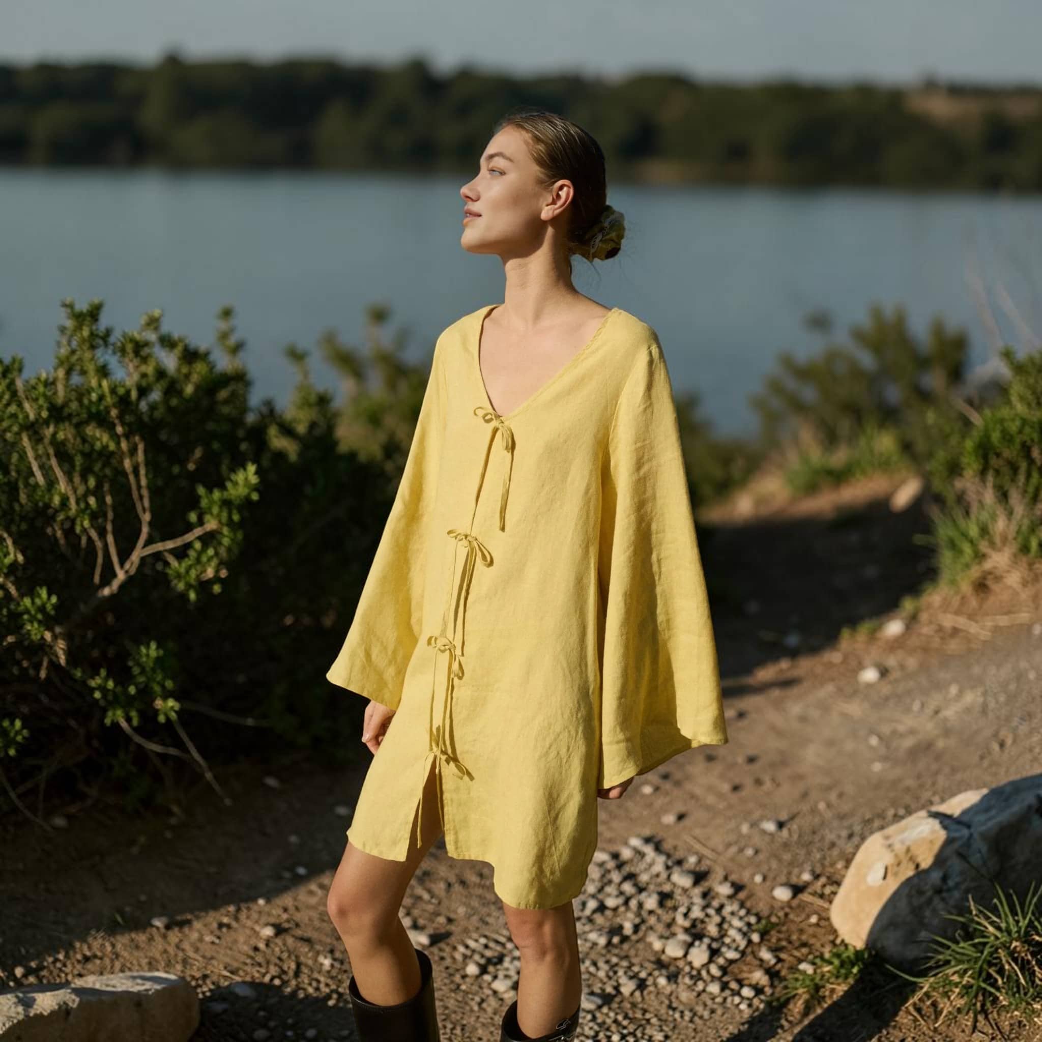 Tie Front Linen Mini Dress, V Neck Wide Sleeve Tunic