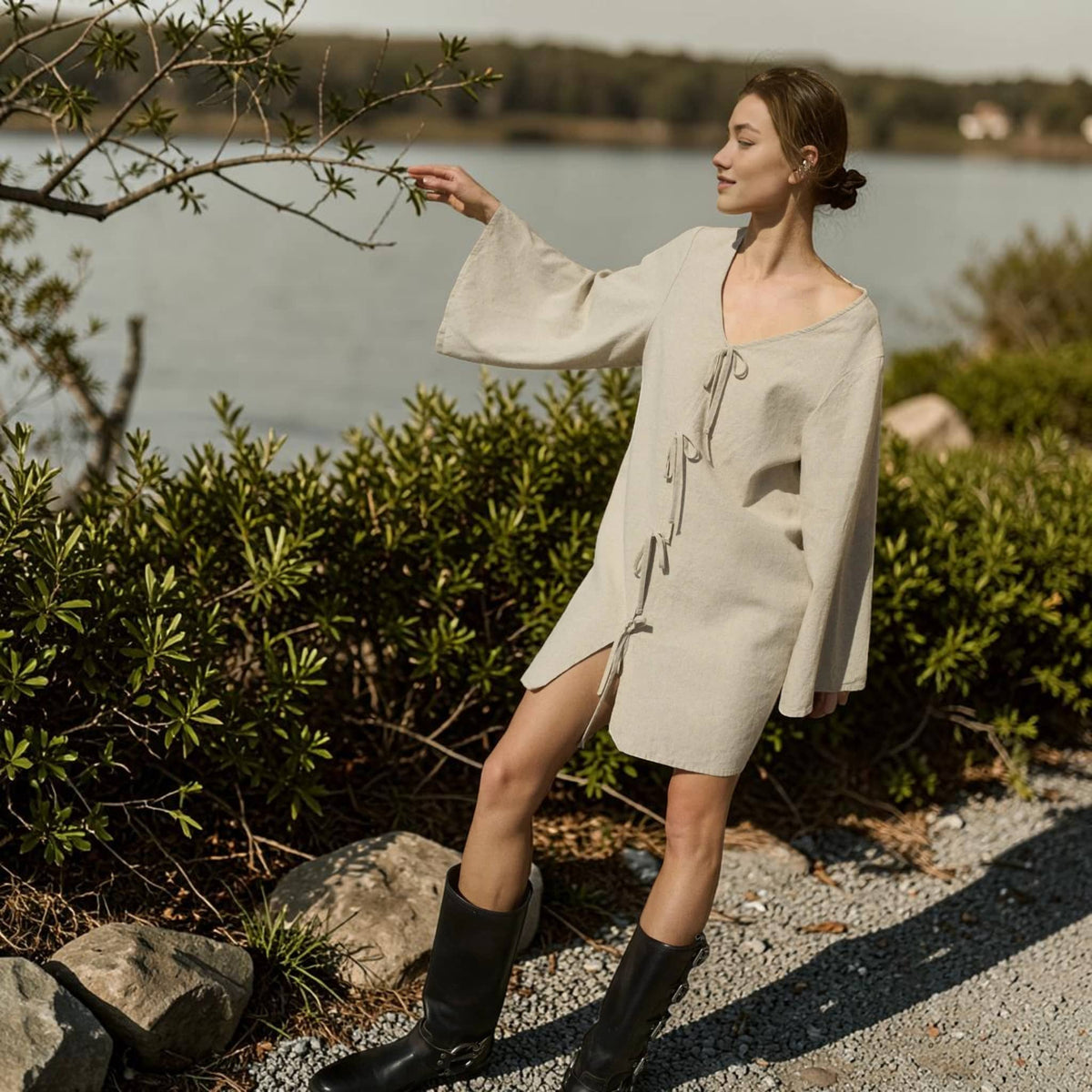 Tie Front Linen Mini Dress, V Neck Wide Sleeve Tunic