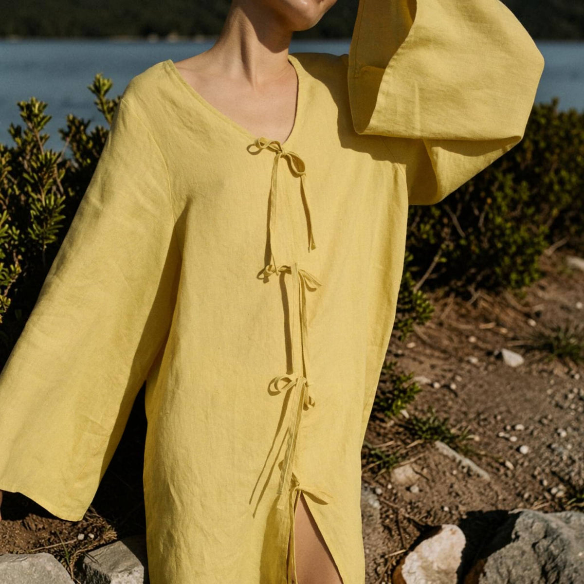 Tie Front Linen Mini Dress, V Neck Wide Sleeve Tunic