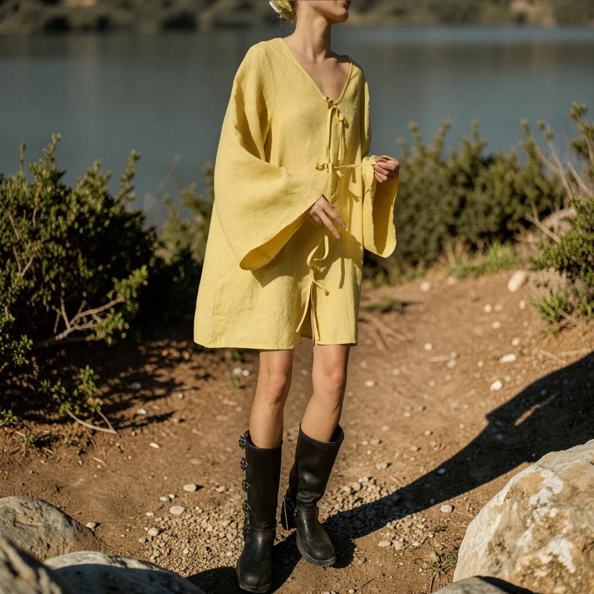 Tie Front Linen Mini Dress, V Neck Wide Sleeve Tunic