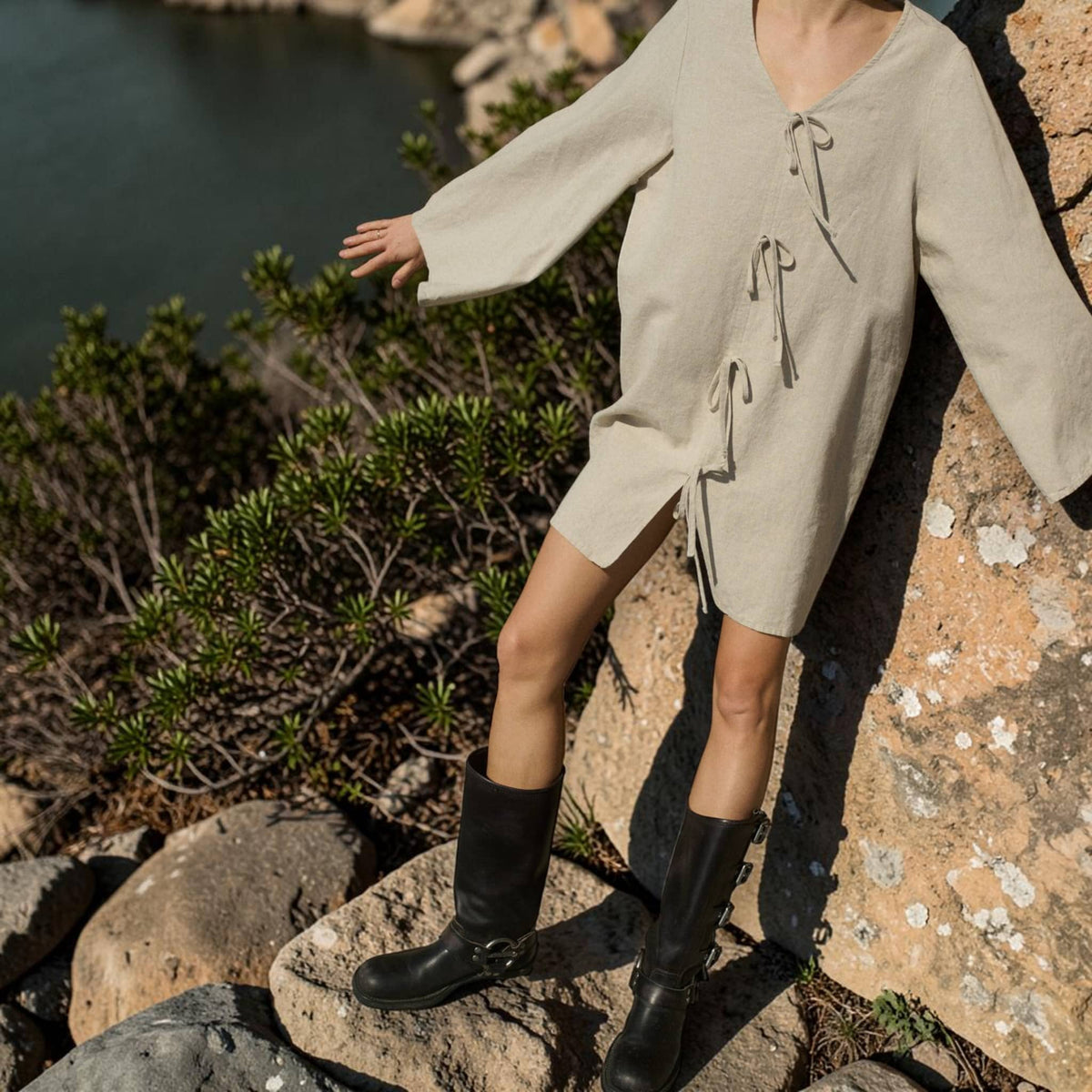 Tie Front Linen Mini Dress, V Neck Wide Sleeve Tunic