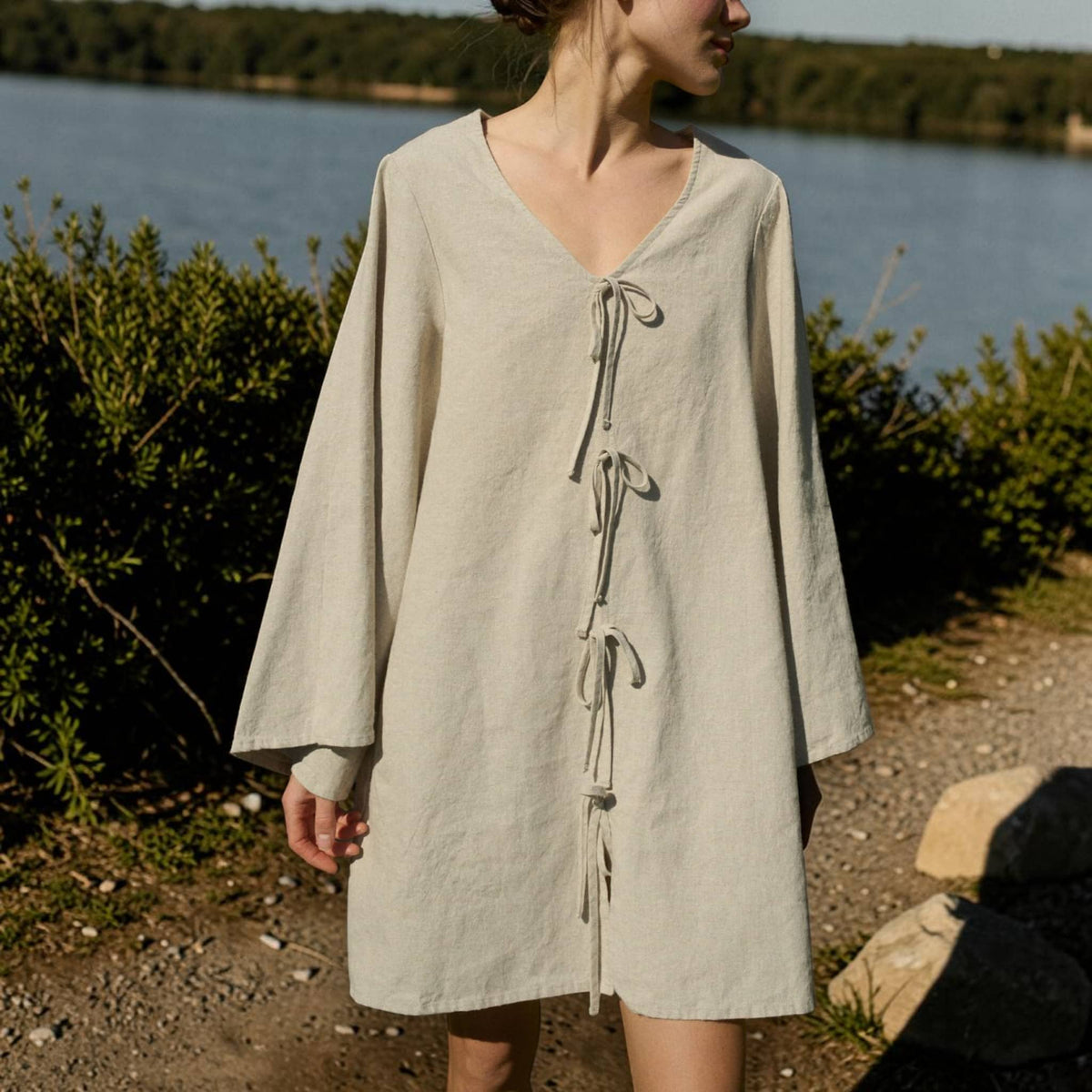 Tie Front Linen Mini Dress, V Neck Wide Sleeve Tunic