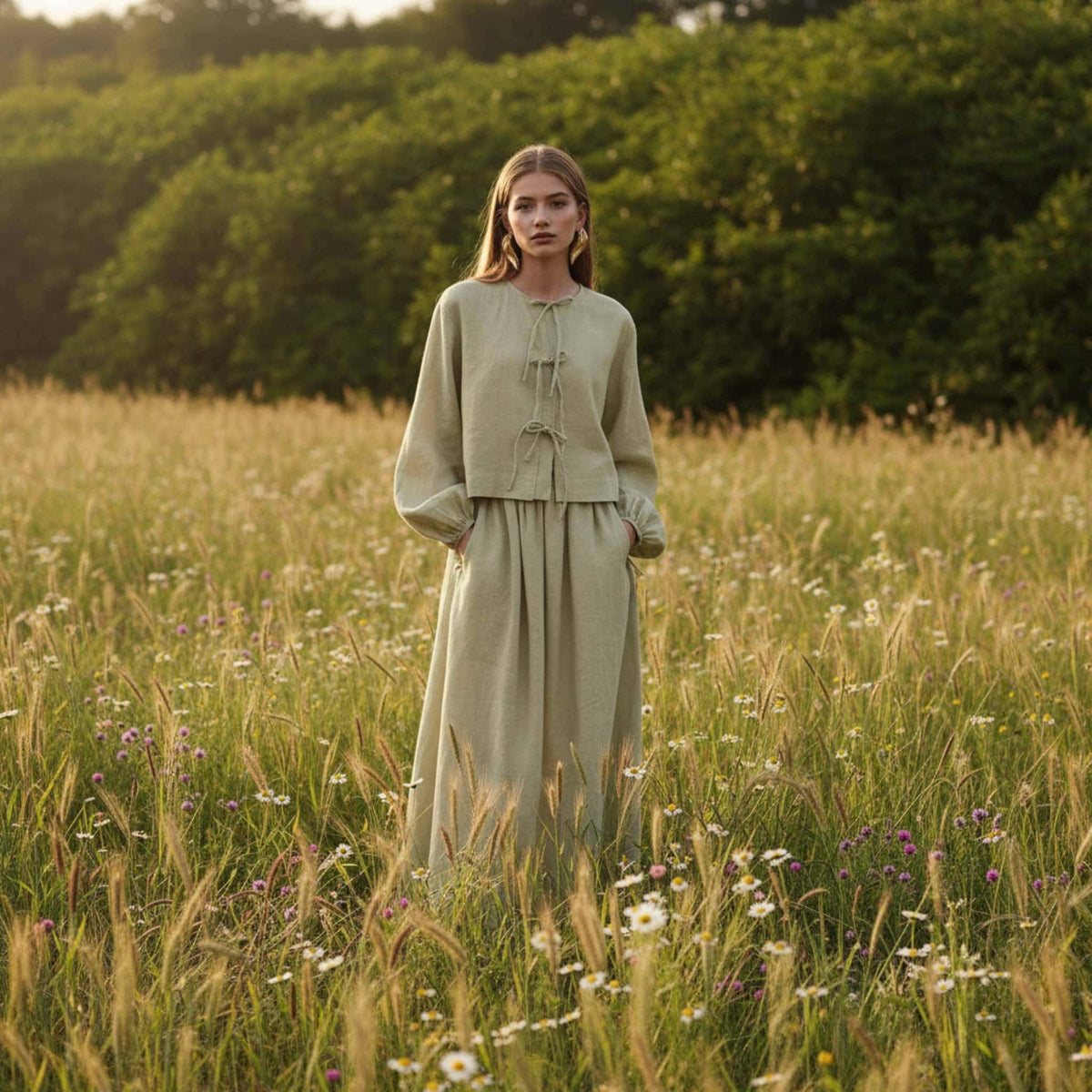 Tie Front Linen Top, Long Sleeve Linen Blouse