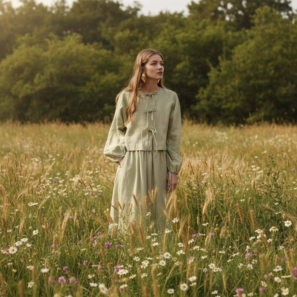 Tie Front Linen Top, Long Sleeve Linen Blouse
