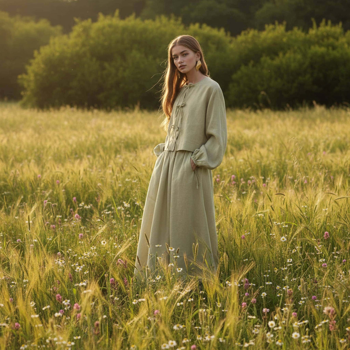 Tie Front Linen Top, Long Sleeve Linen Blouse