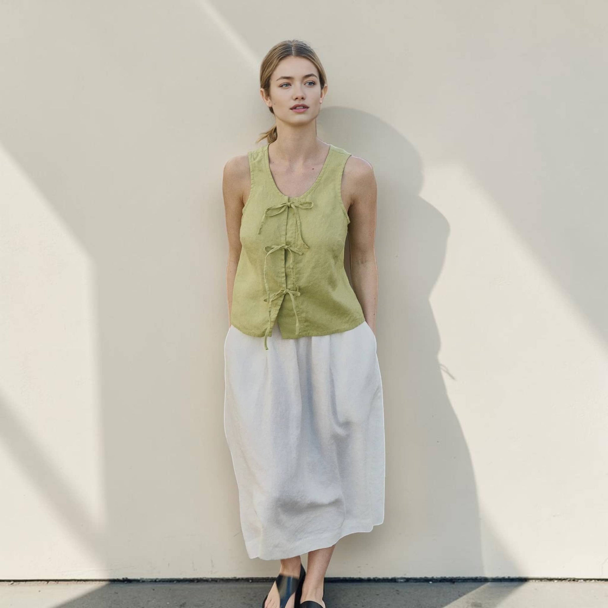 Tie Front Linen Top, Scoop Neck Sleeveless