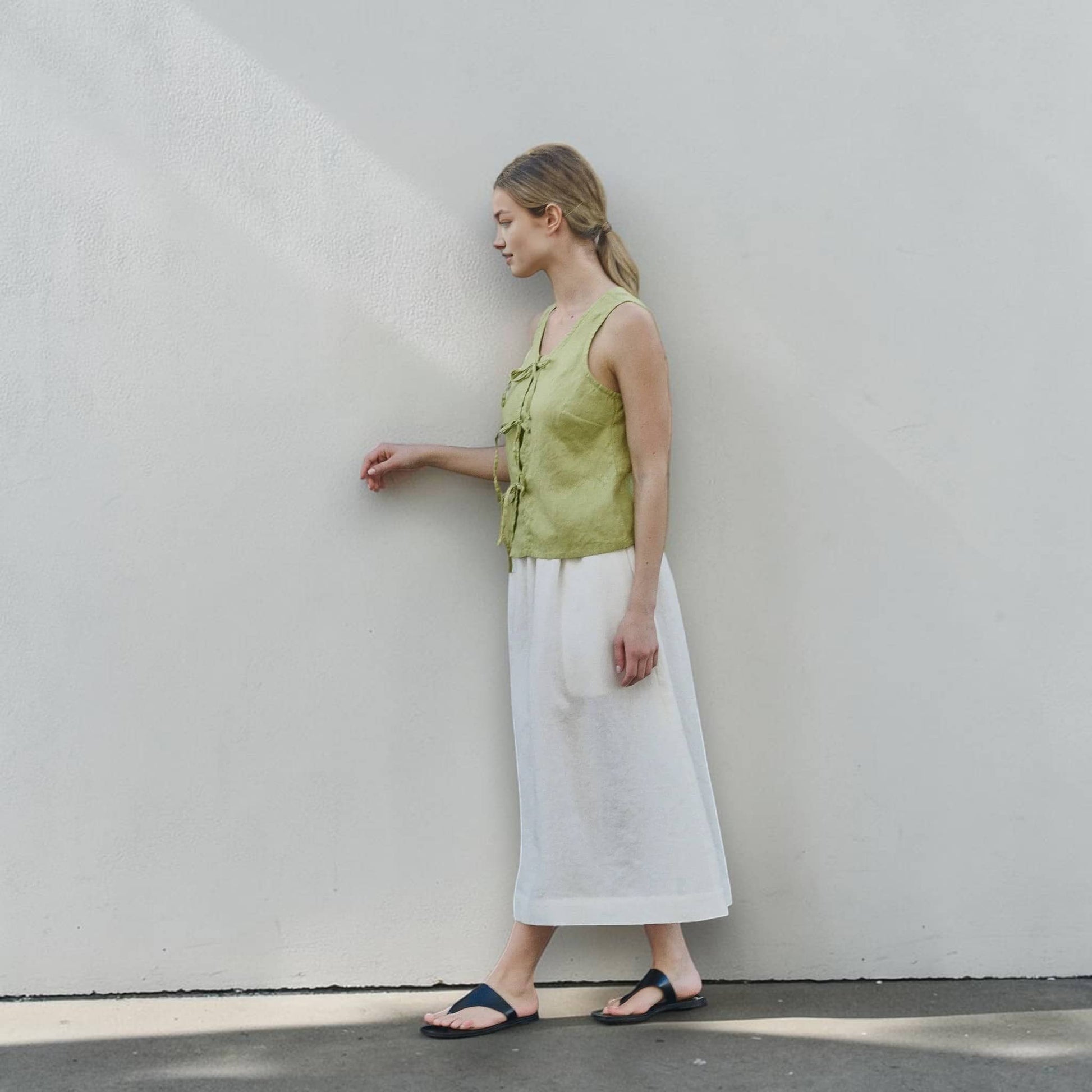 Tie Front Linen Top, Scoop Neck Sleeveless